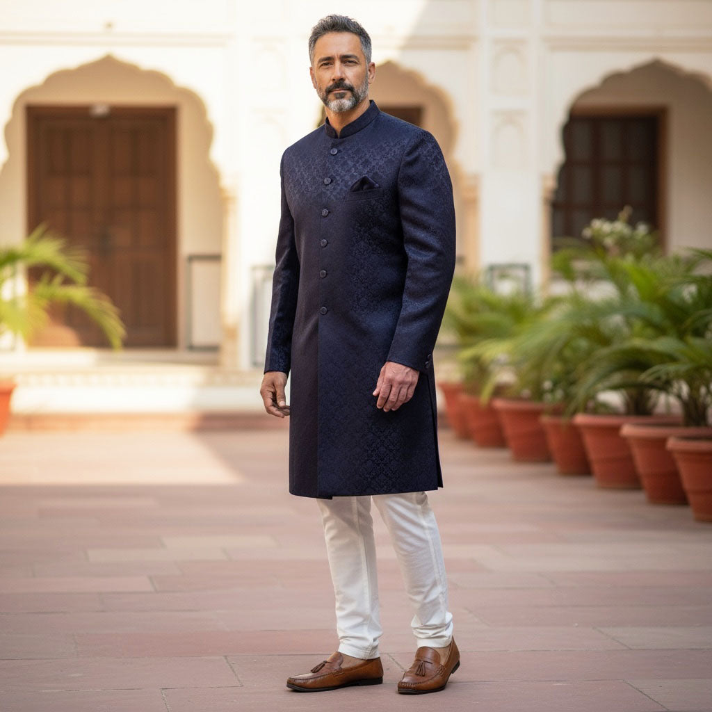 Navy Damask Jacquard Sherwani
