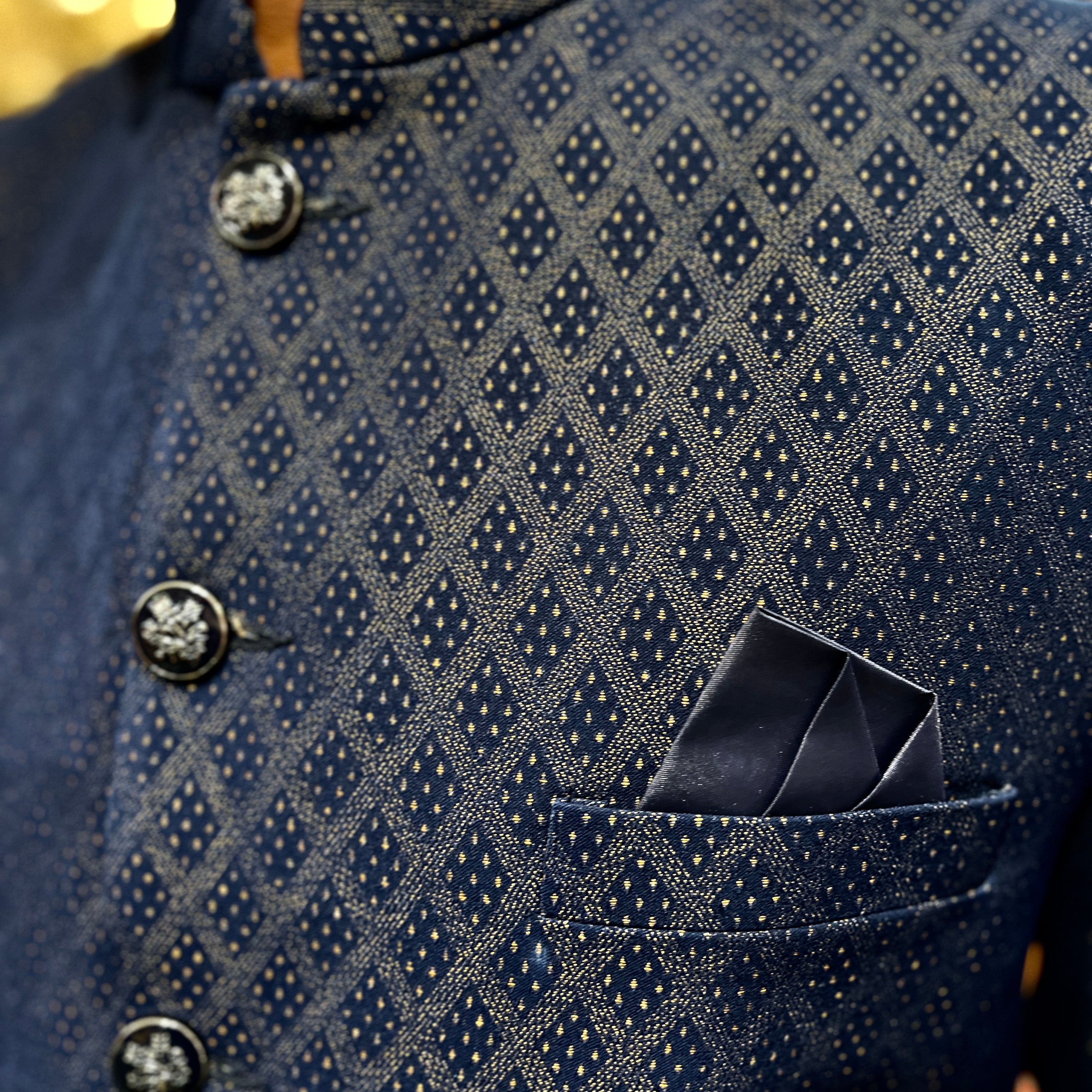 YD Navy Diamond Jacquard Jodhpuri Jacket - Vintage India NYC