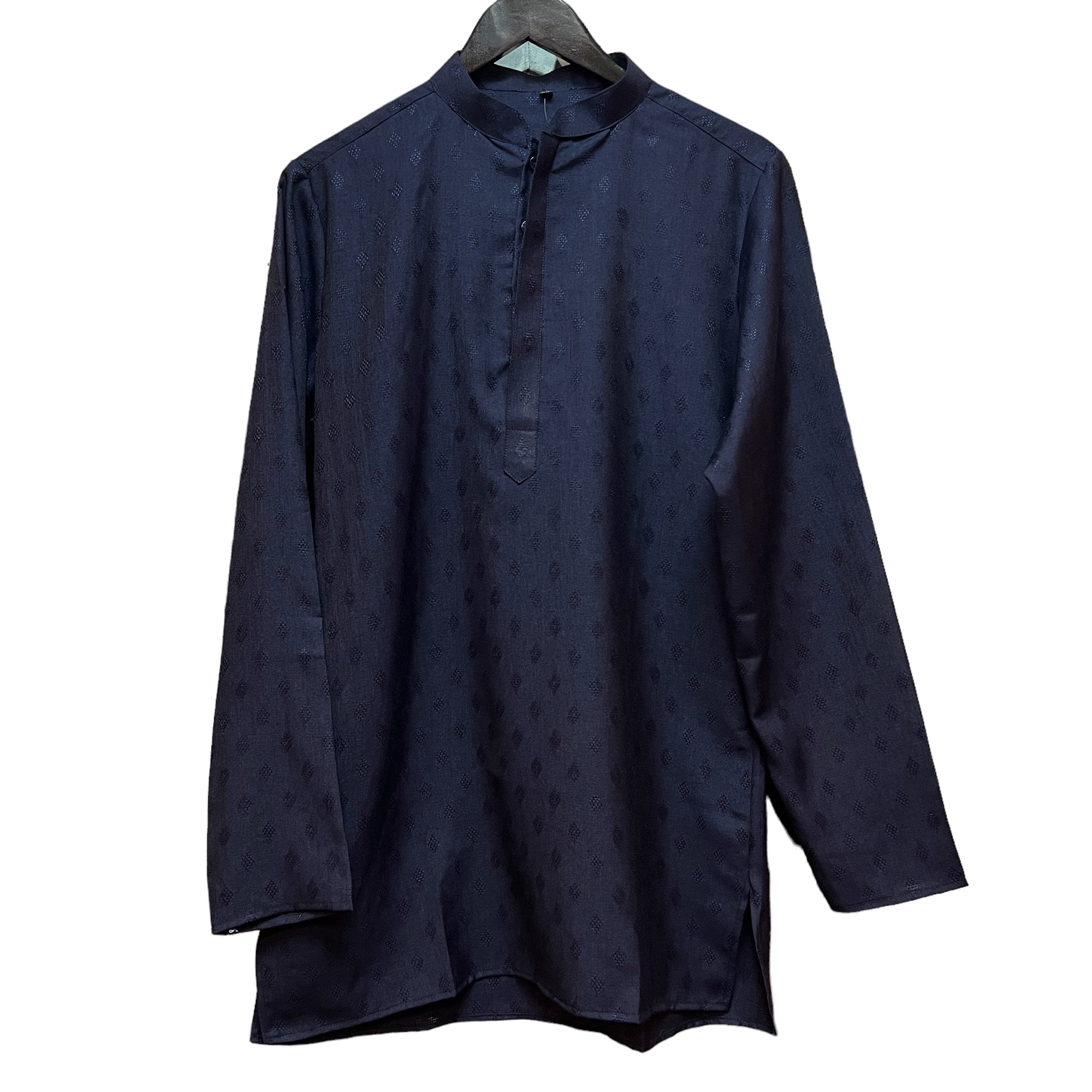 YD Navy Blue Band Collar Short Kurta - Vintage India NYC