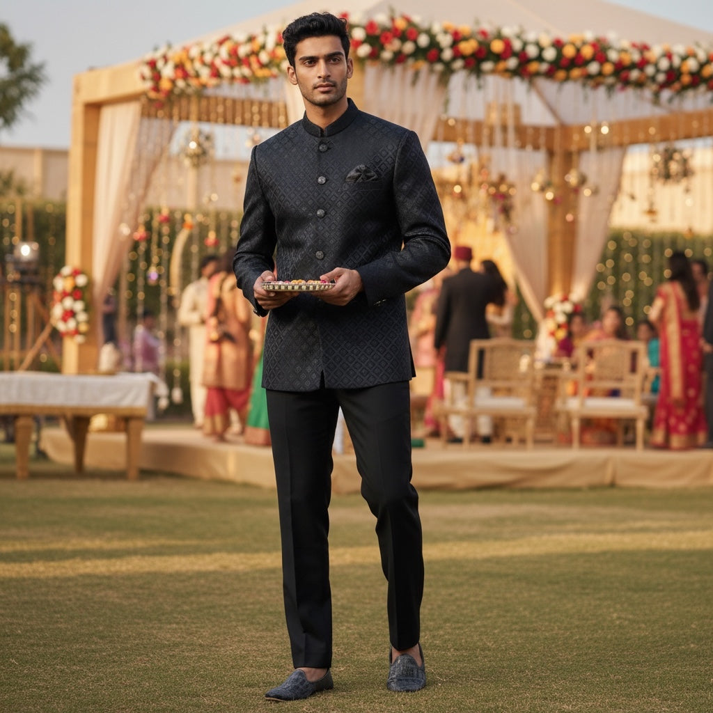 Navy Diamond Motif Jodhpuri Jacket