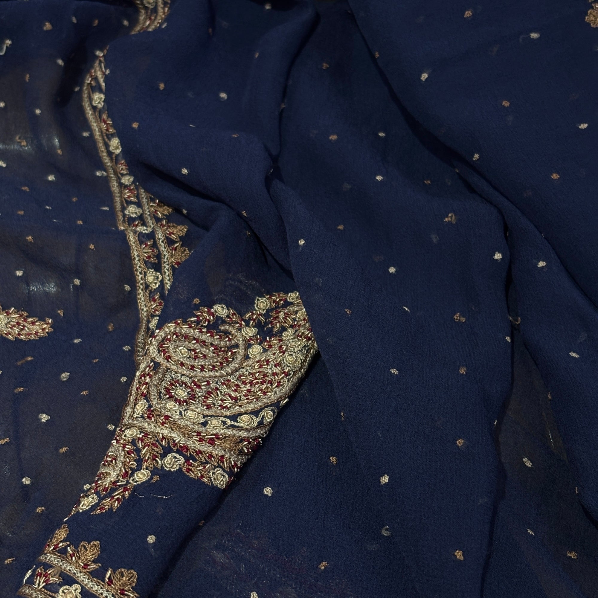 Navy Fine Threadwork Silk Dupatta