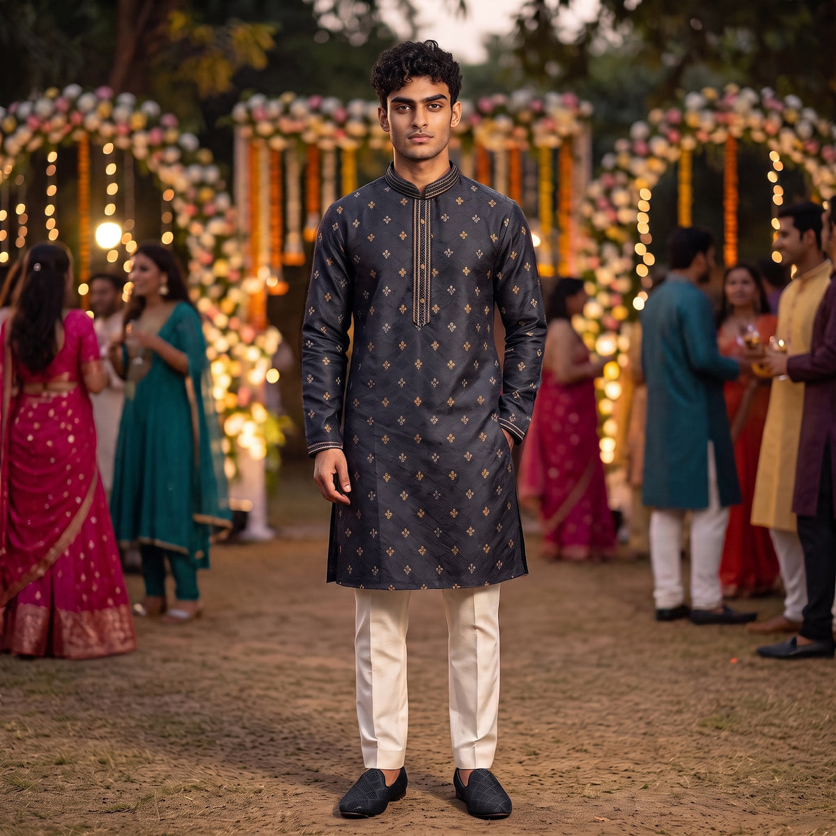 Navy Fleur De Lis Kurta - Vintage India NYC