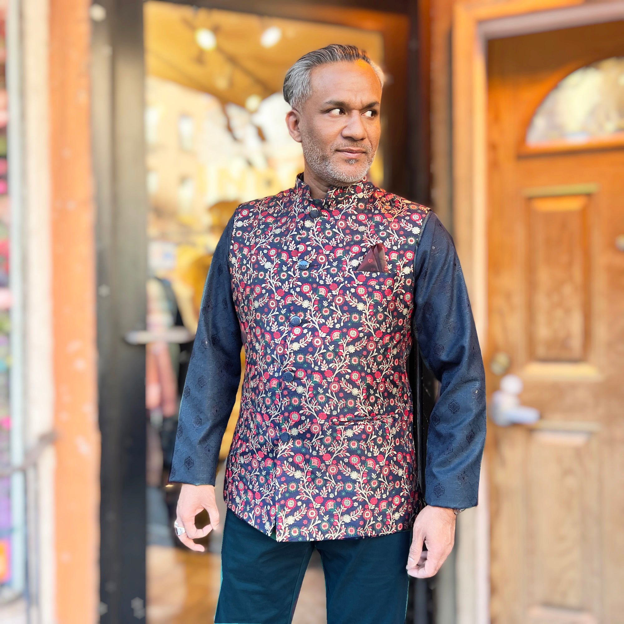 YD Navy Floral Brocade Vest
