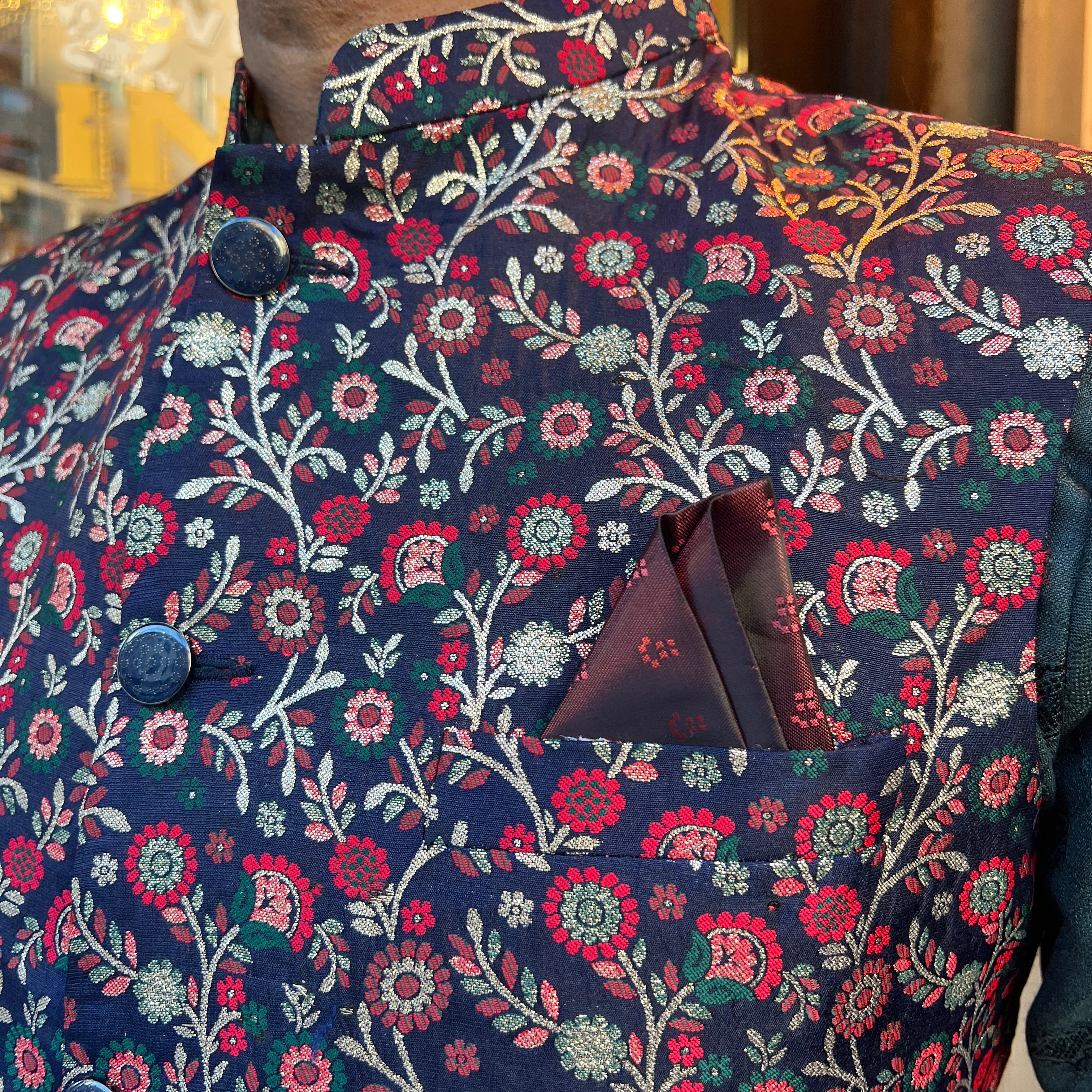 YD Navy Floral Brocade Vest