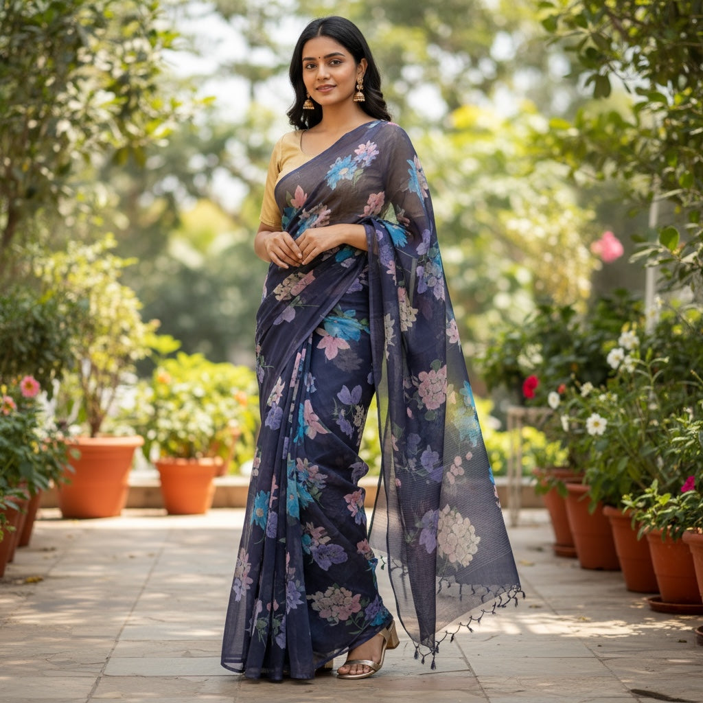 Navy Floral Chiffon Silk Saree - Vintage India NYC