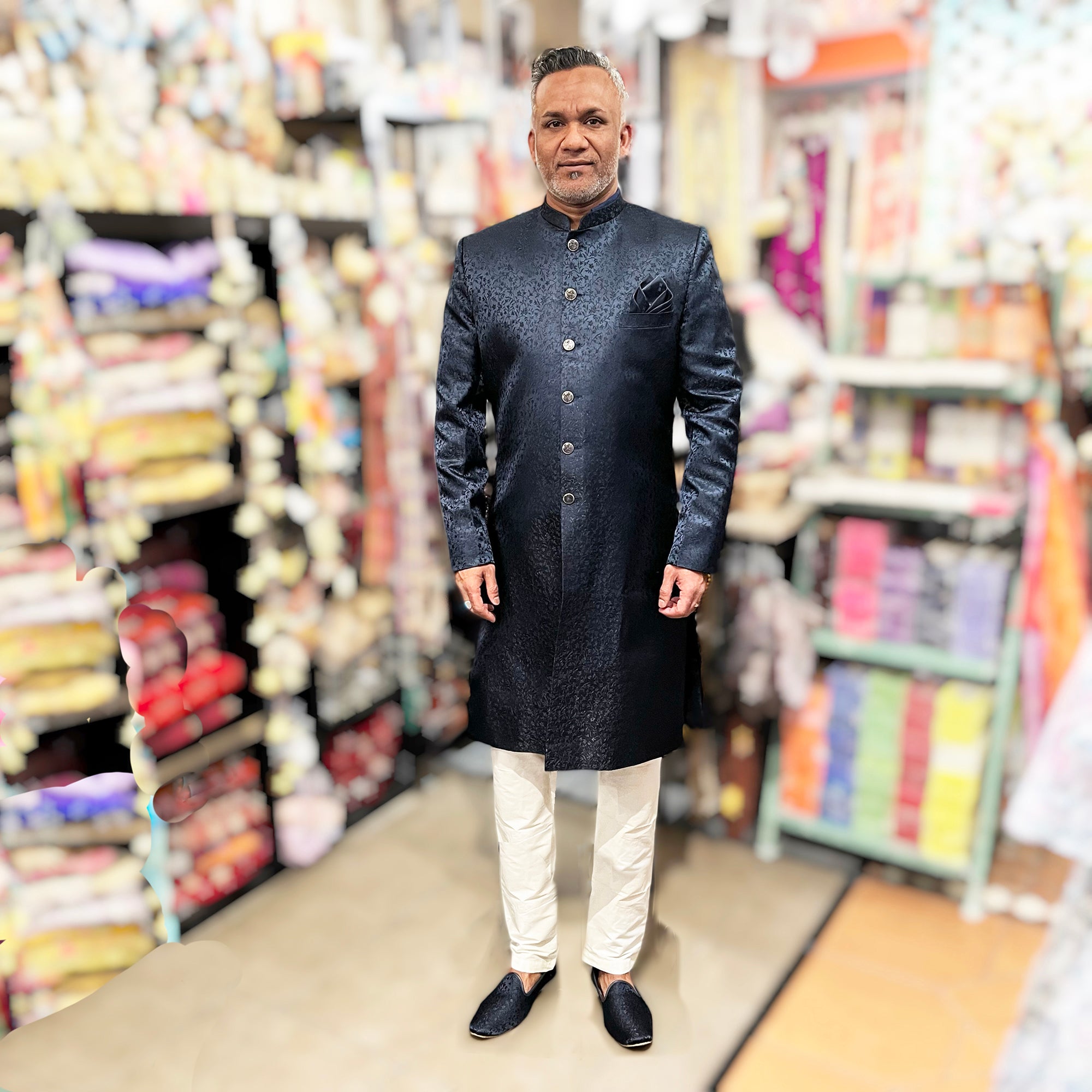 Navy Blue Sherwani Floral Jacquard - Vintage India NYC