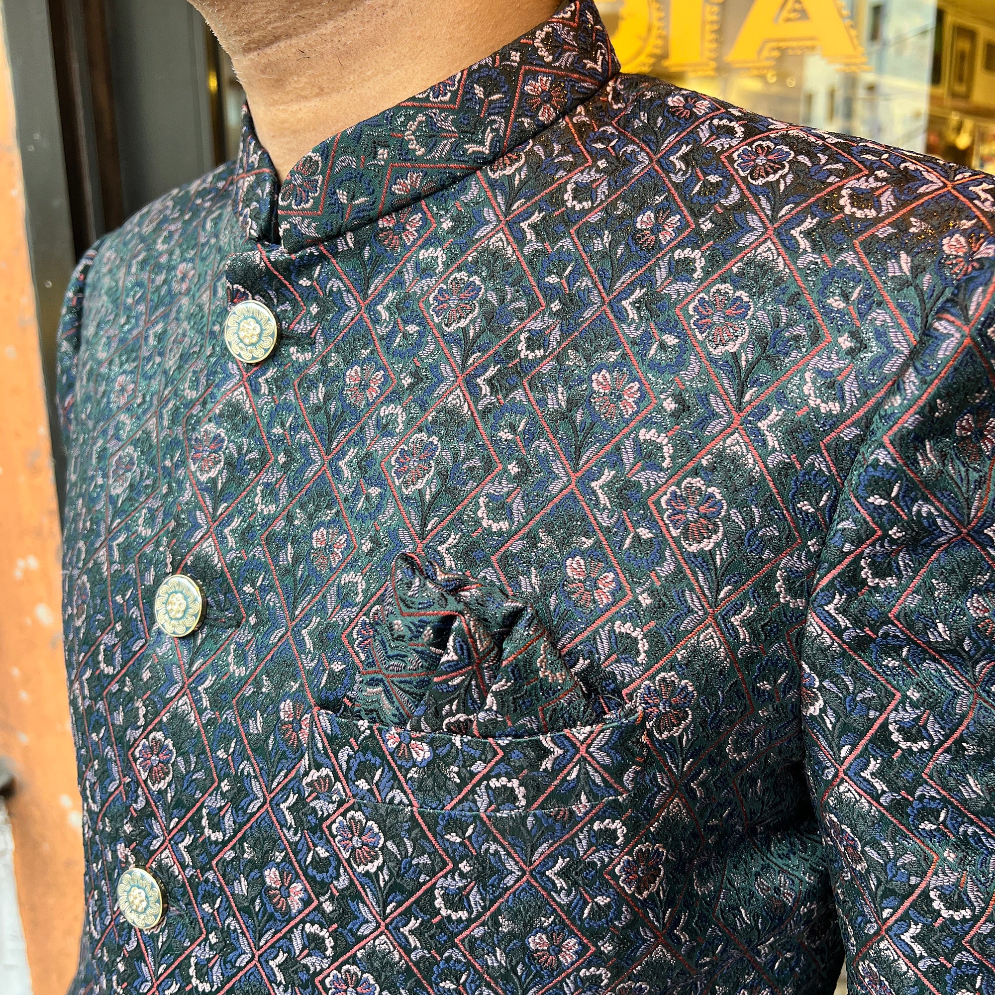 Navy Forest Floral Brocade Sherwani