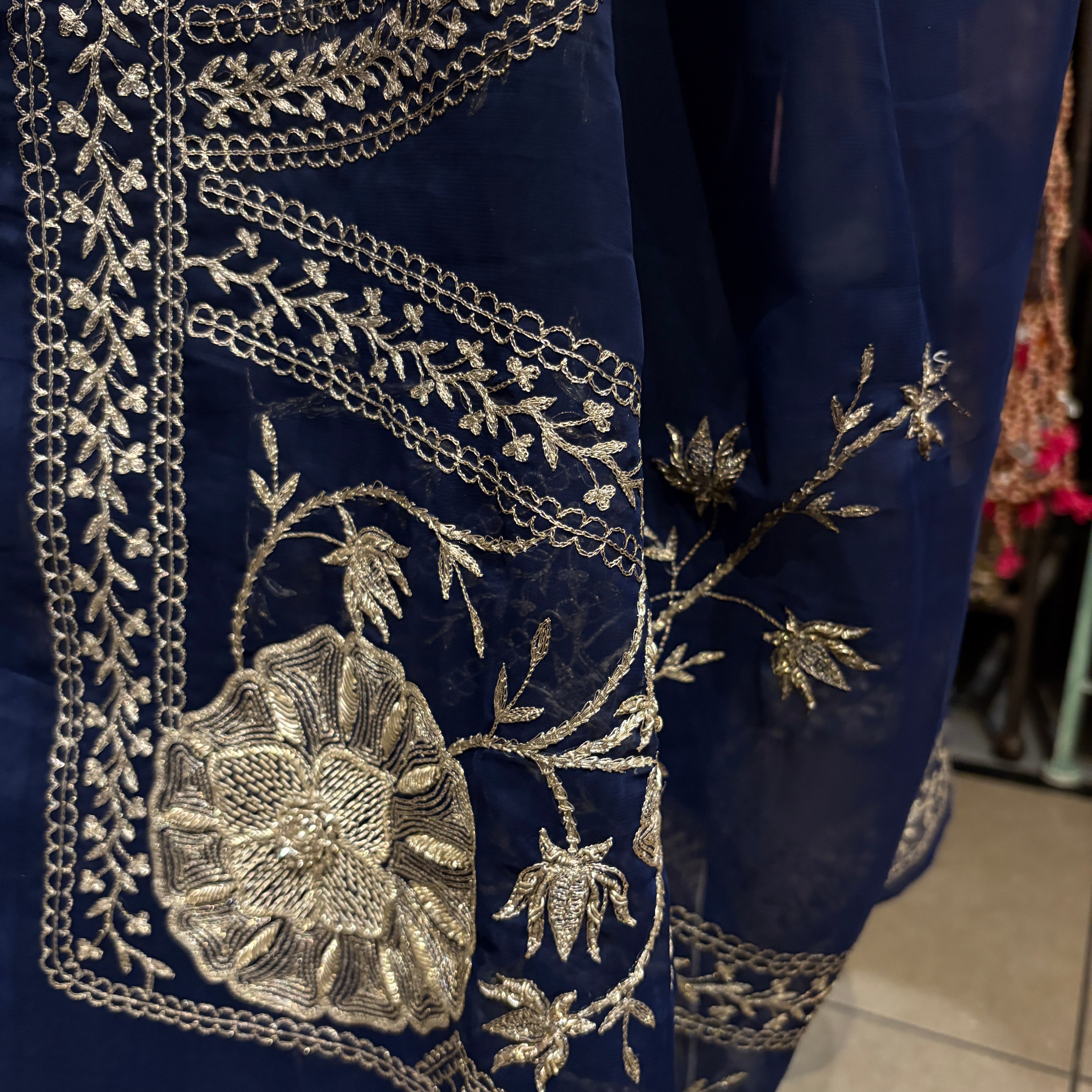 Navy Georgette Gold Zardosi Embroidered Saree - Vintage India NYC