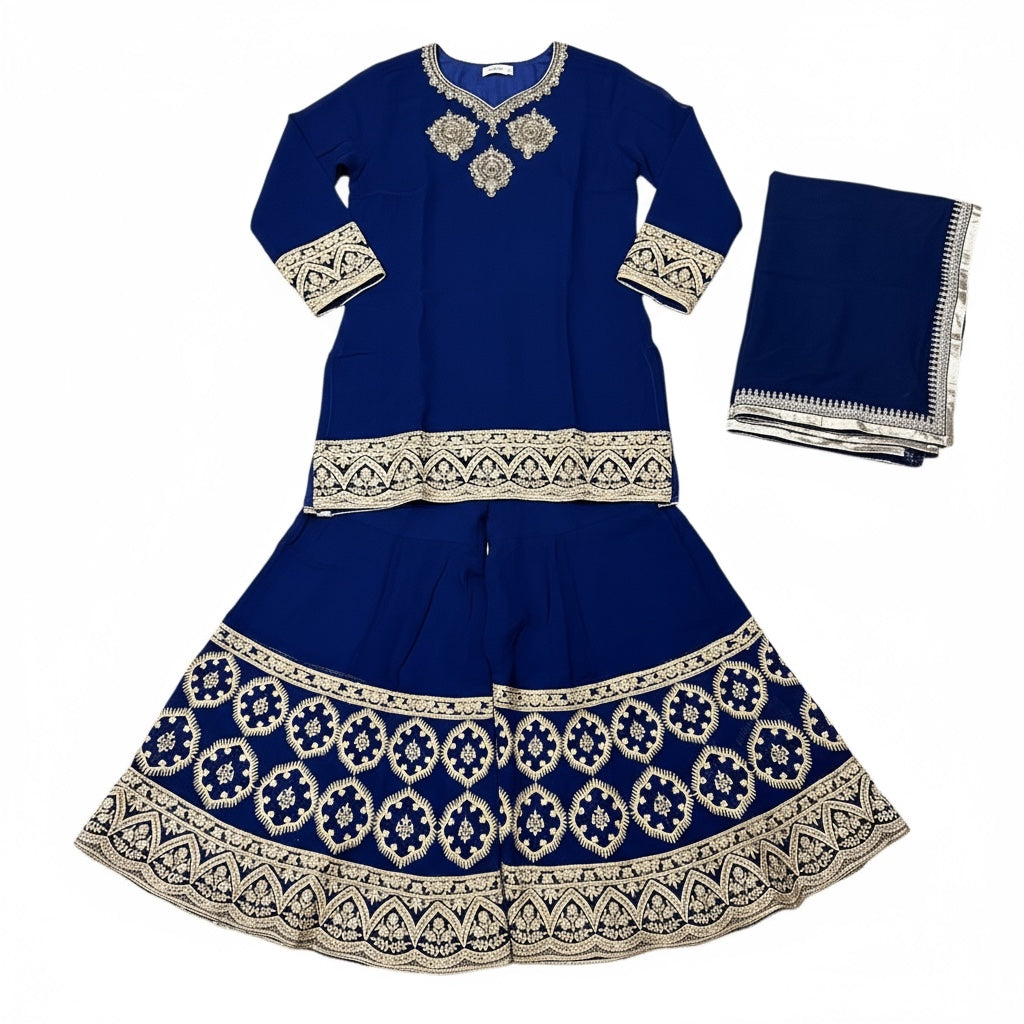 Navy Blue Silk Georgette Gharara Set-Size 36