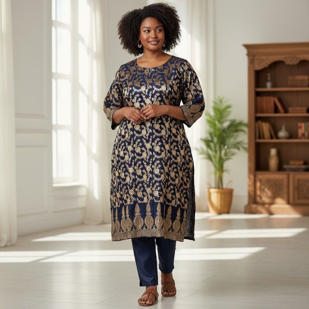 Plus Size Navy Silk Brocade Kurta