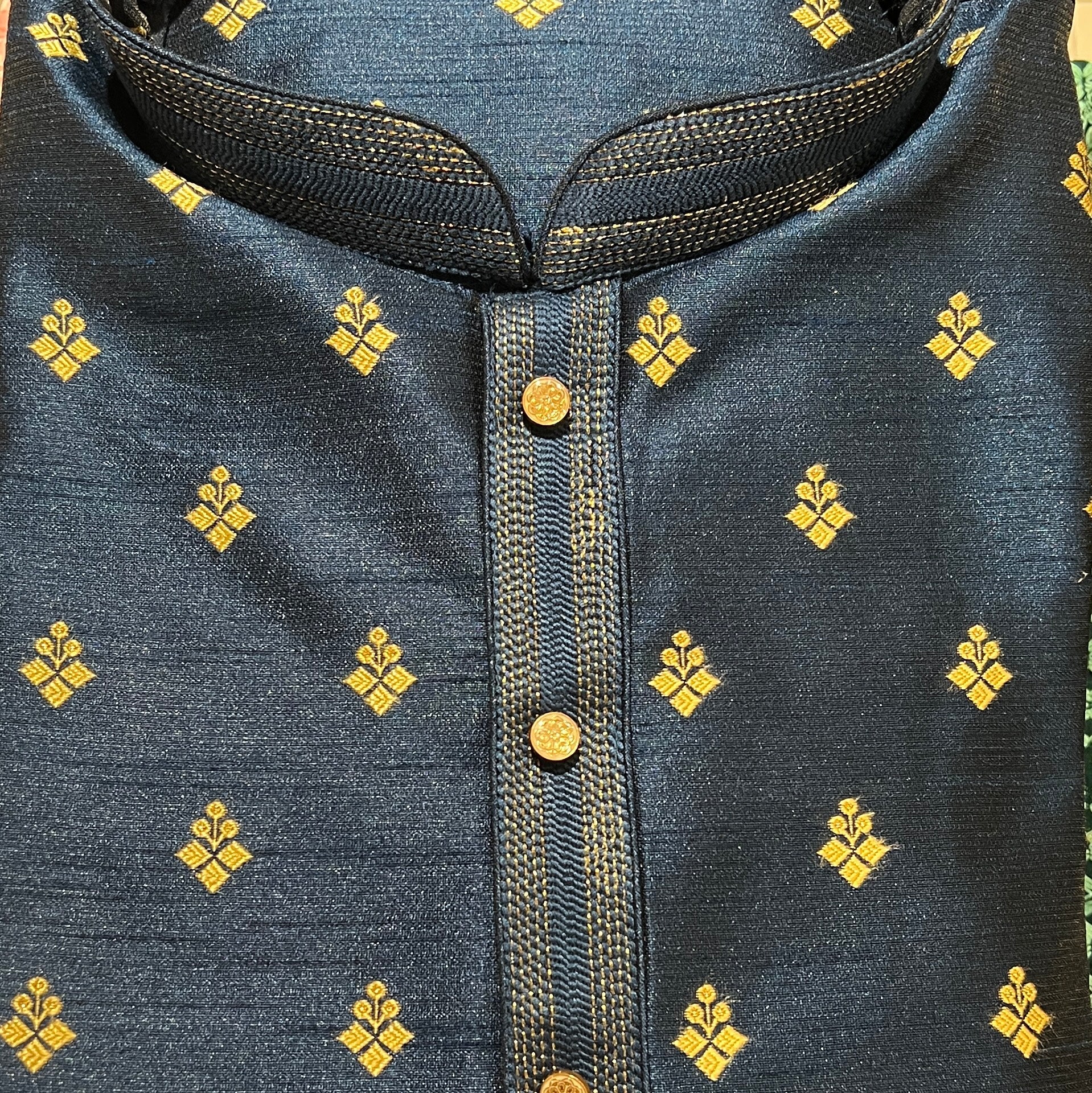 YD Navy Gold Flower Brocade Kurta - Vintage India NYC