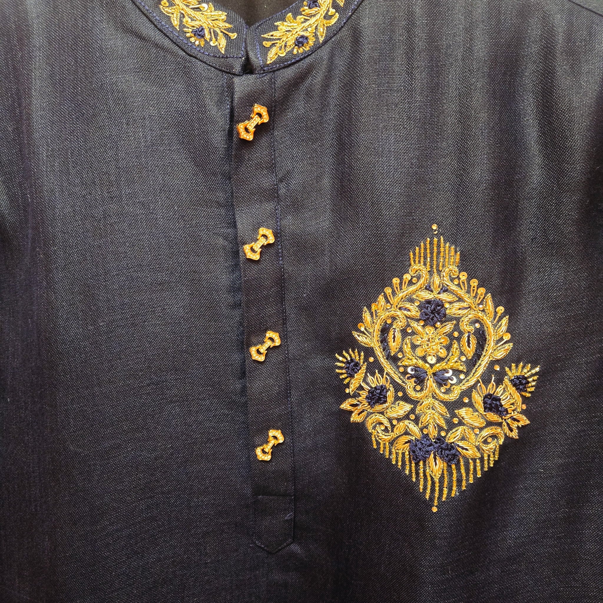 Navy FIne Linen Hand Embroidered Kurta