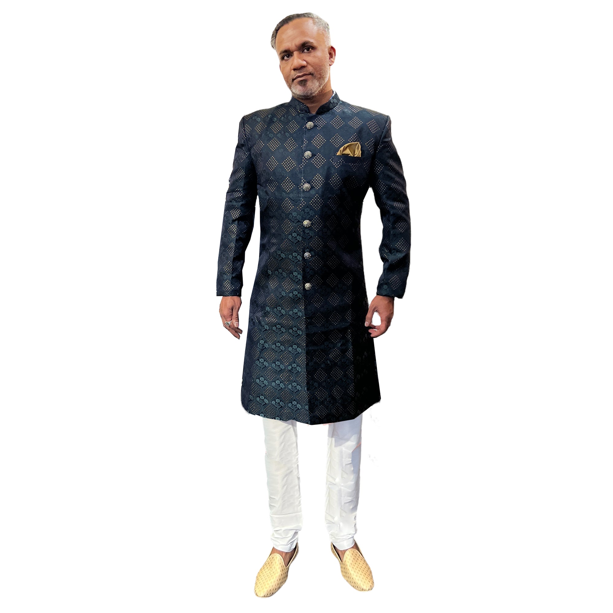 Navy & Green Diamond Sherwani - Vintage India NYC