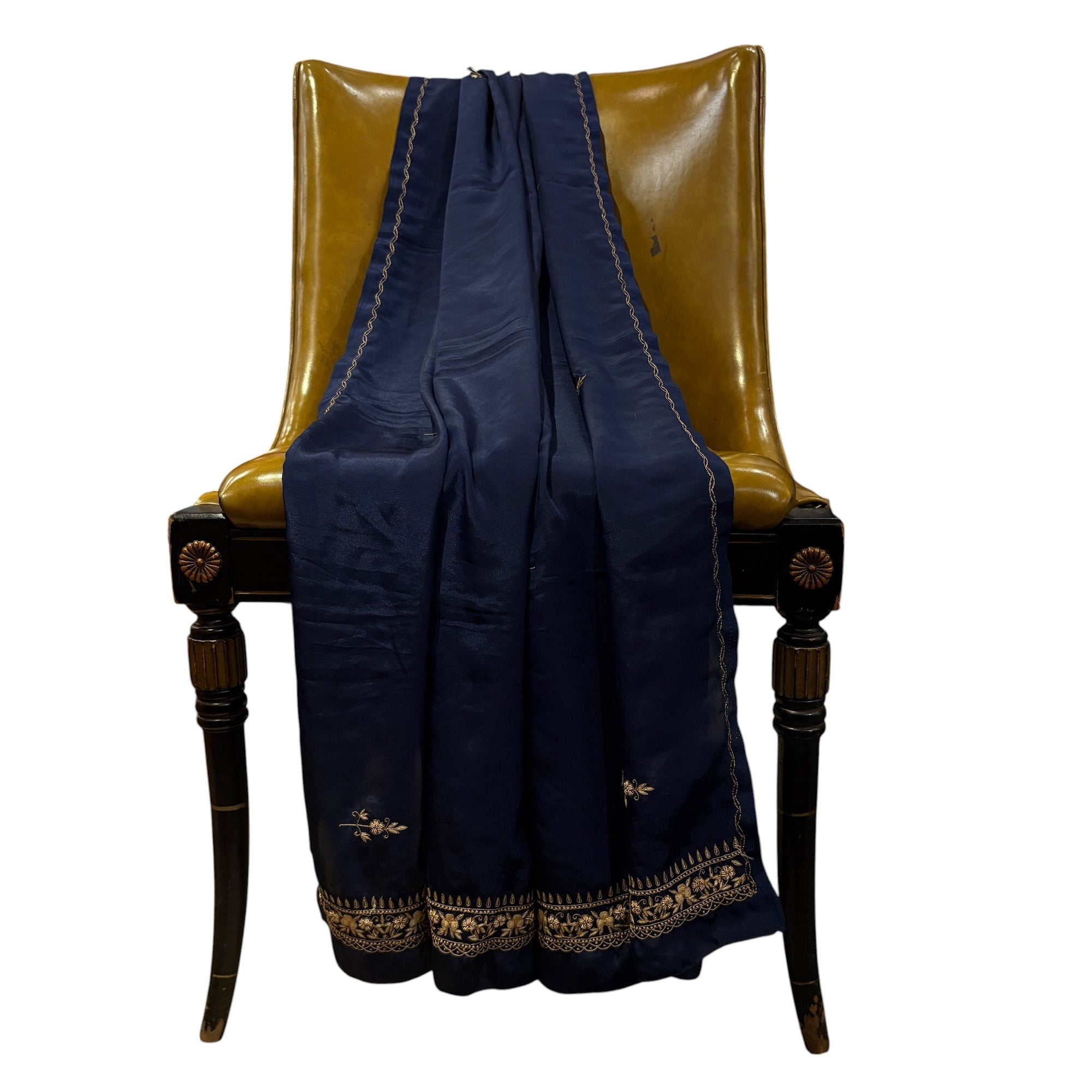 Navy Silk Zardosi Dupatta - Vintage India NYC