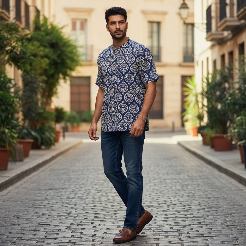 AR Mens Block Print Short Kurta 4 - Vintage India NYC