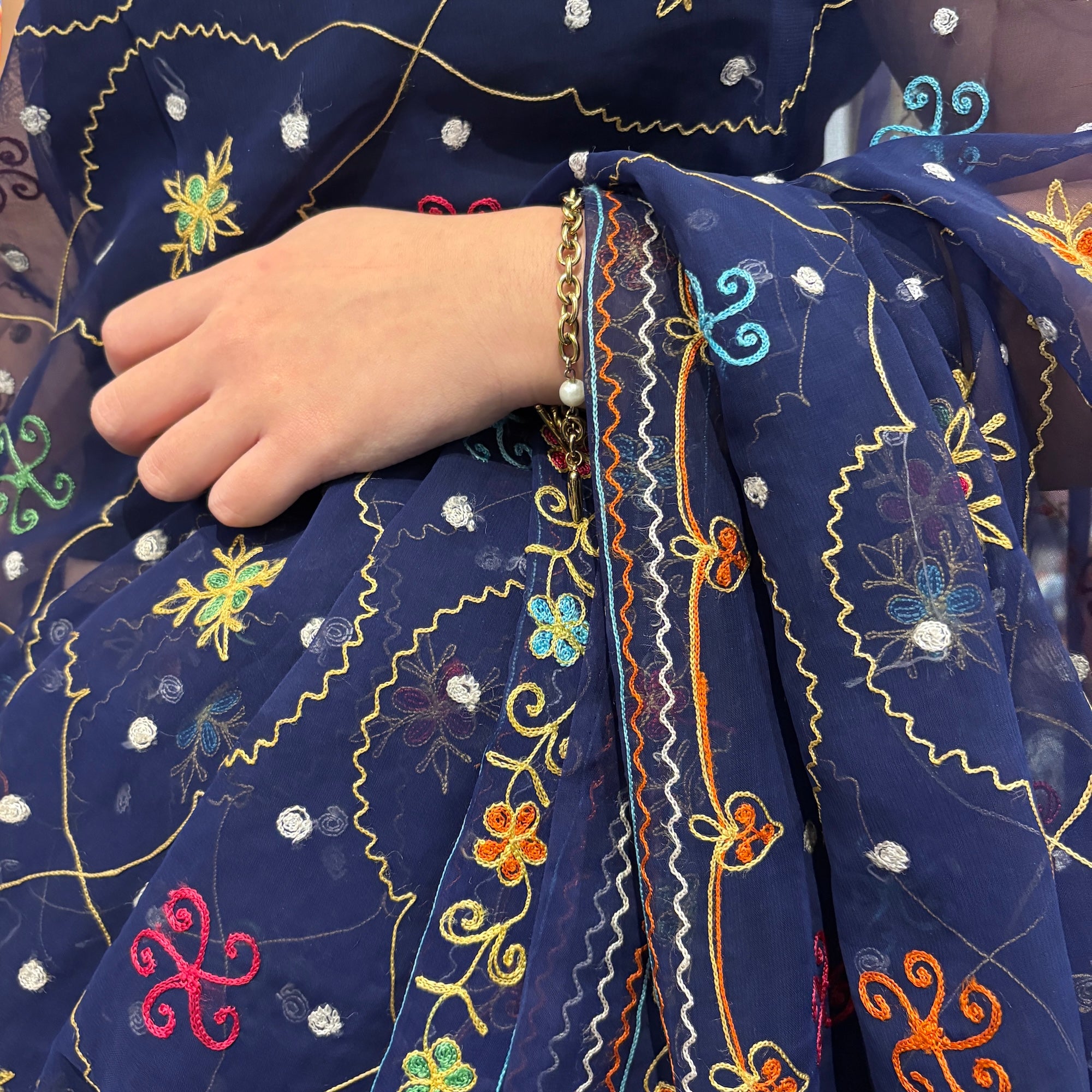 Navy Organiza Embroidered Saree - Vintage India NYC