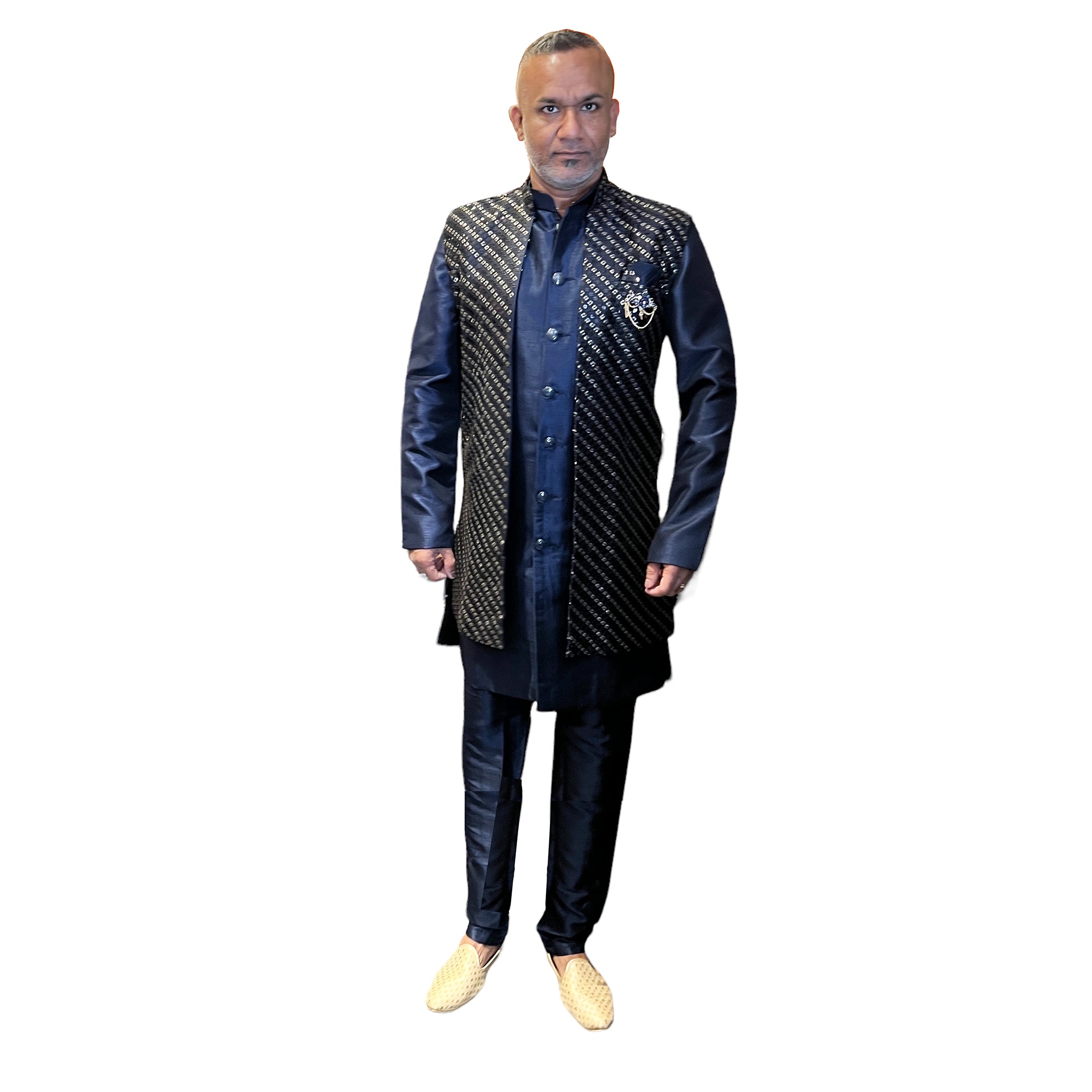 Navy Sequin Sherwani Vest Set - Vintage India NYC