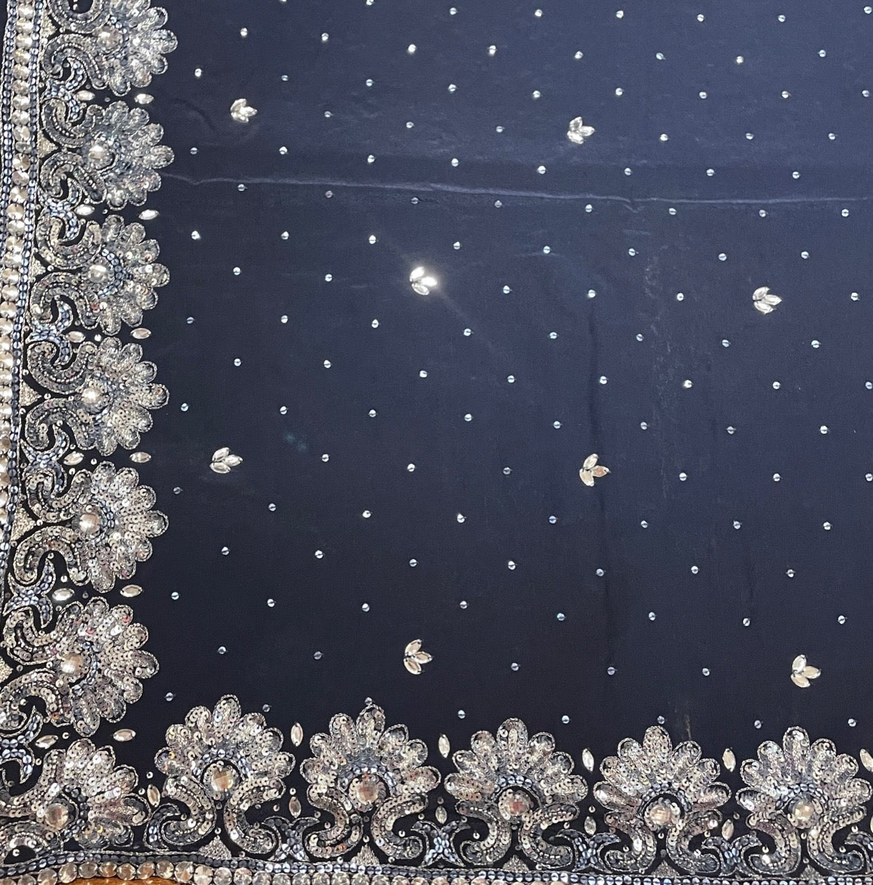 Vintage Navy & Silver Sequin Silk Georgette Saree - Vintage India NYC