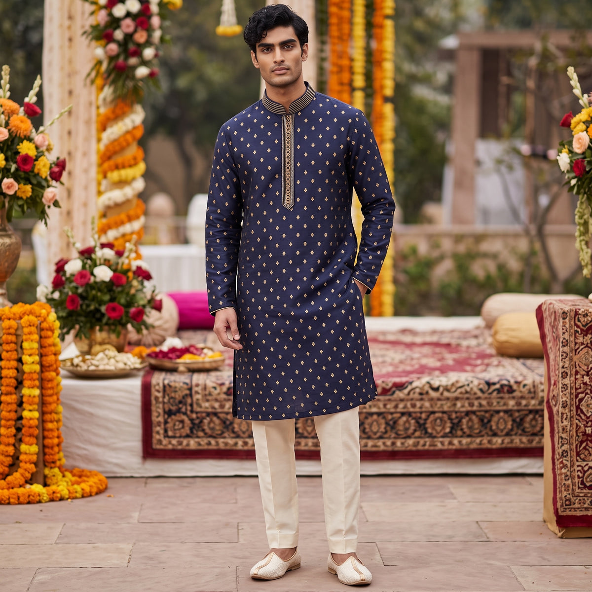 Navy Small Crest Silk Kurta