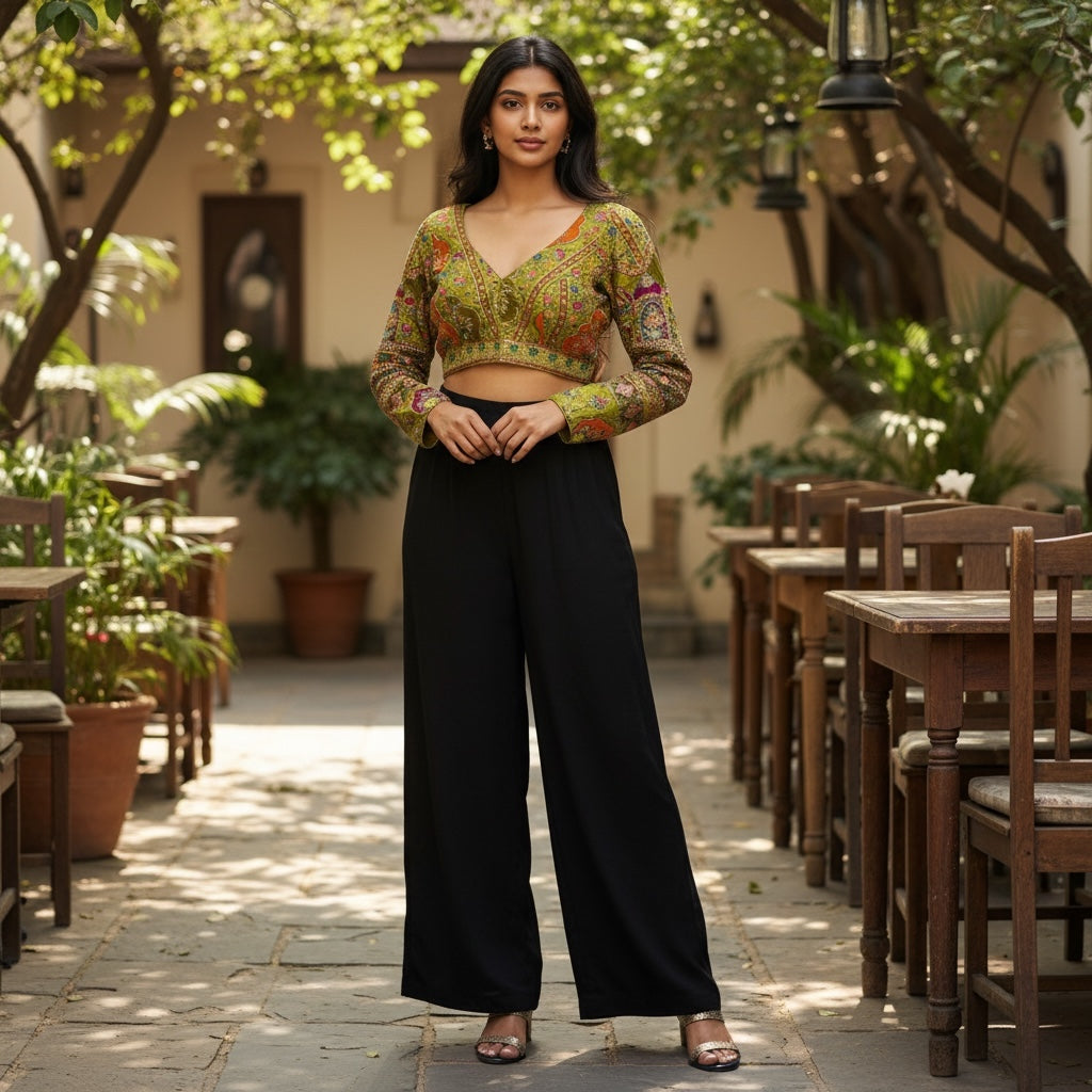 Long Sleeve V Neck Patchwork Choli Blouse-Colors