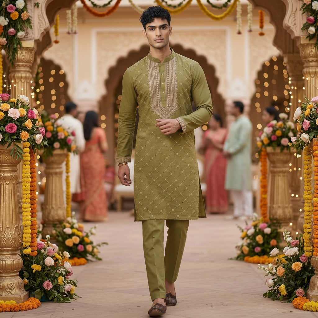 Olive Diamond Embroidered Kurta - Vintage India NYC