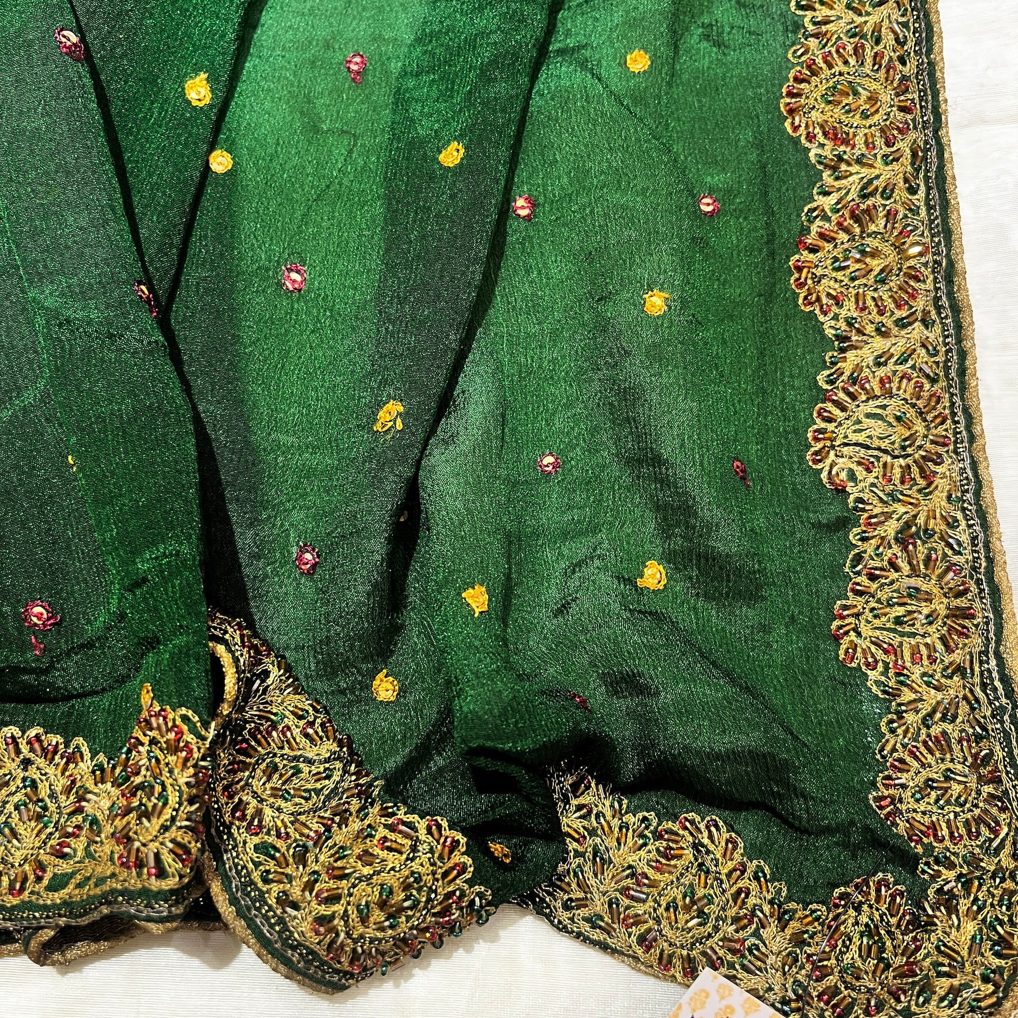 Forest Olive Embroidered Dupatta 9045 - Vintage India NYC