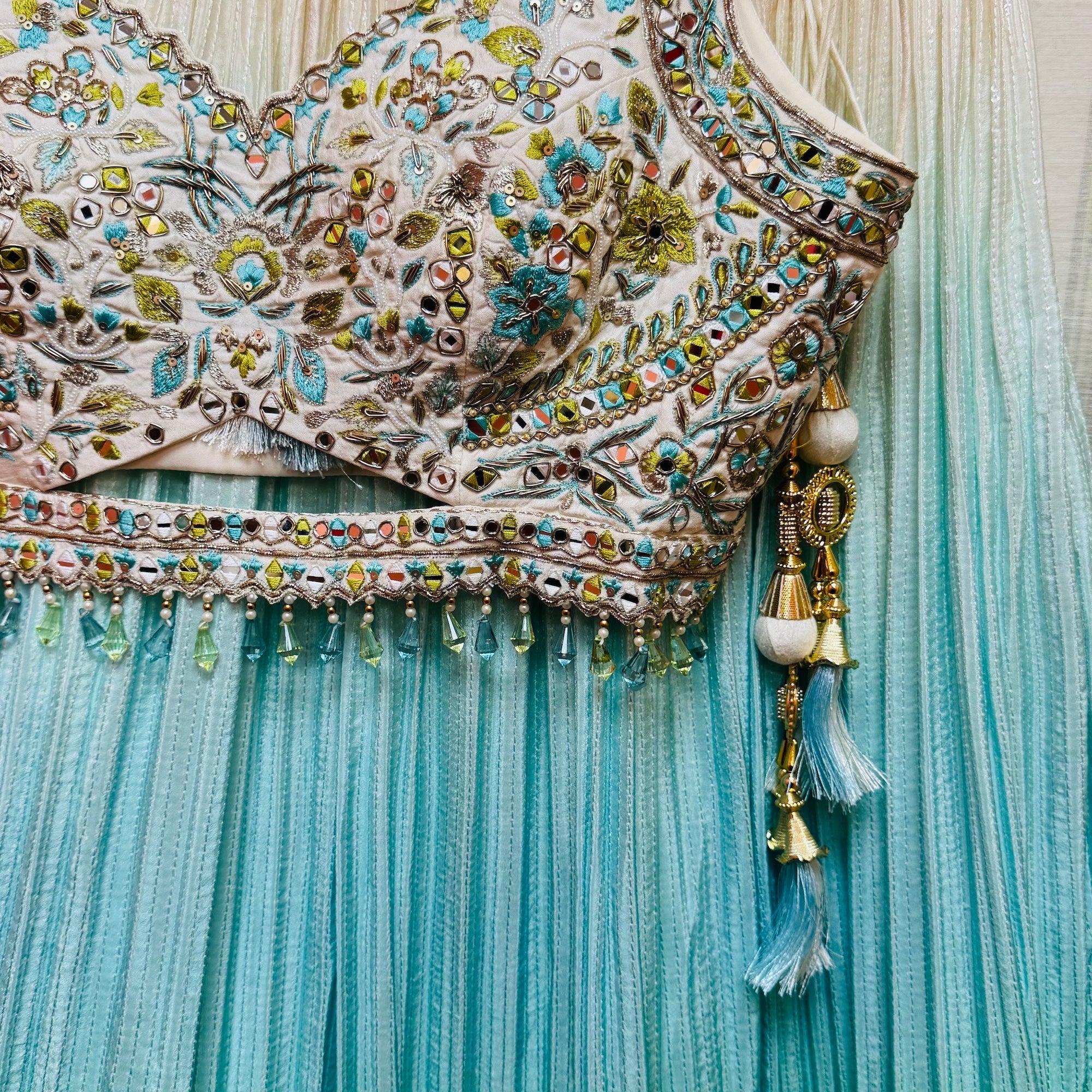 Aqua Lemon Ombre Embroidered Lehenga Set - Vintage India NYC