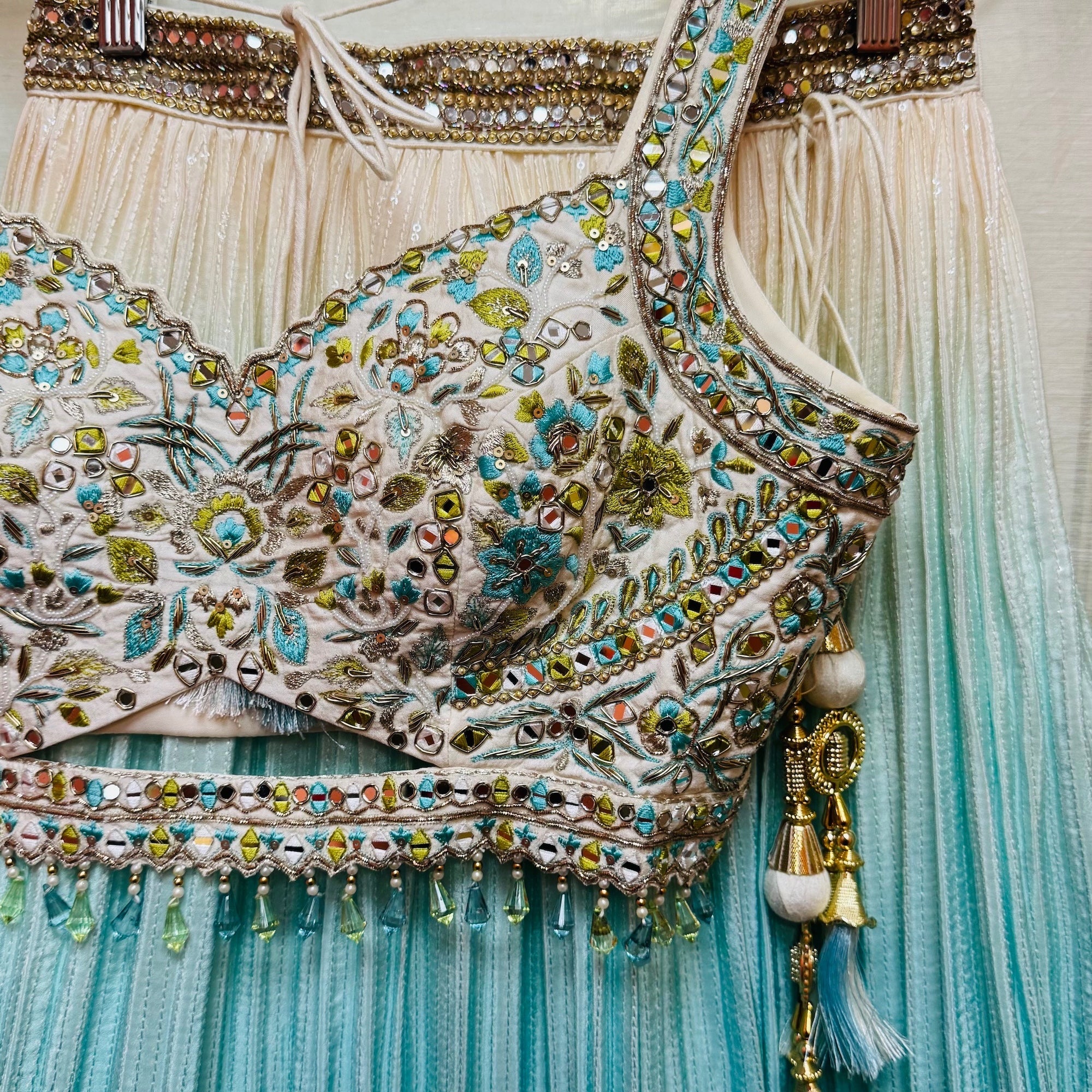 Aqua Lemon Ombre Embroidered Lehenga Set - Vintage India NYC