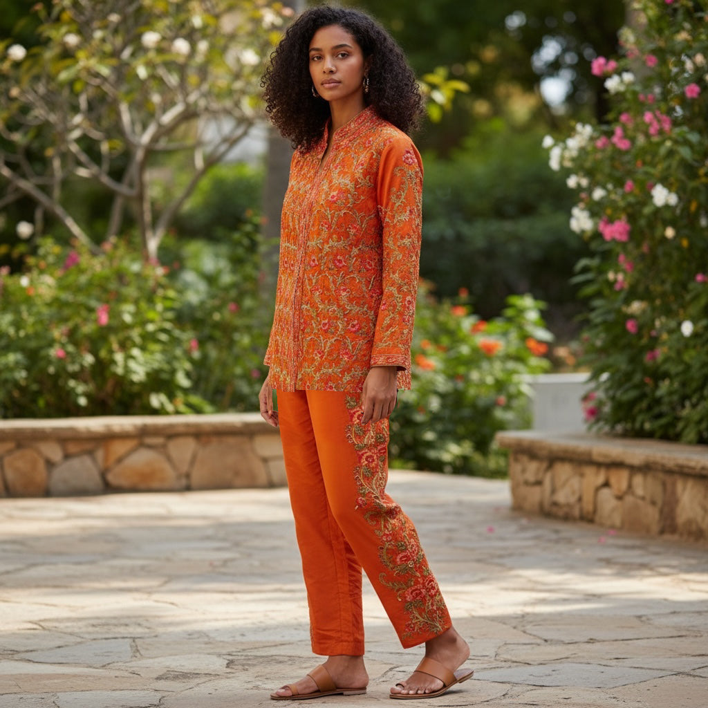 Orange Silk Pant Set-Size 40