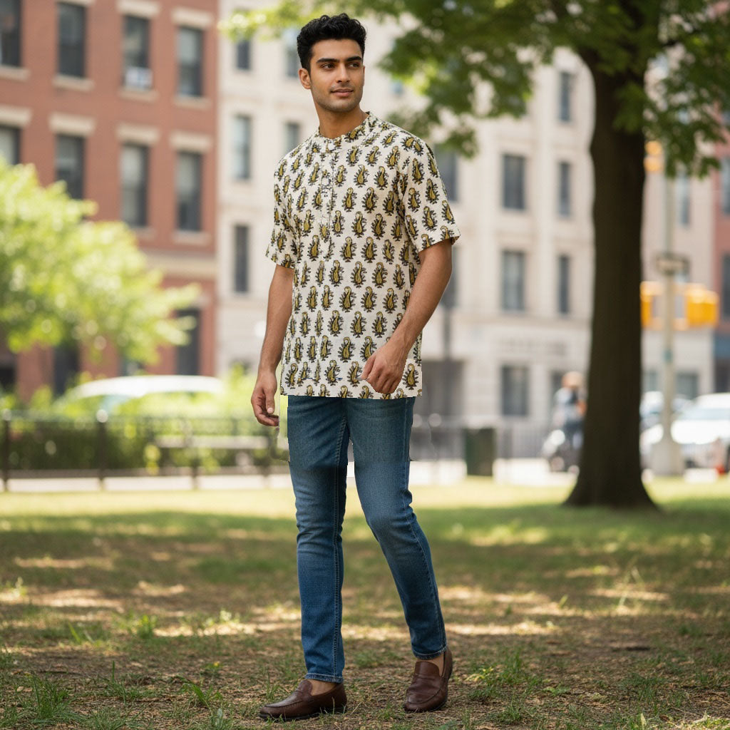 AR Mens Block Print Short Kurta 4 - Vintage India NYC