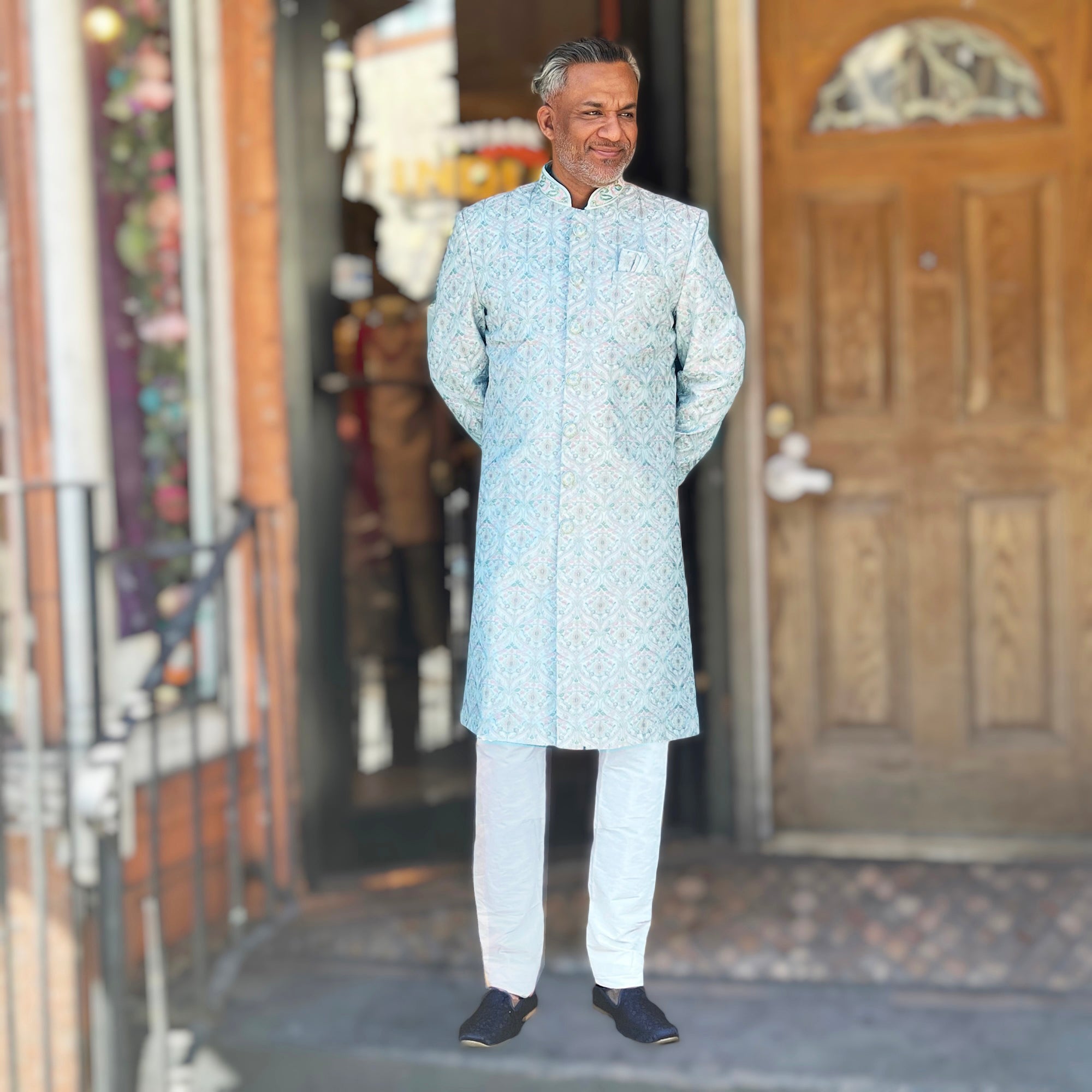 Pale Blue Embroidered Sherwani - Vintage India NYC
