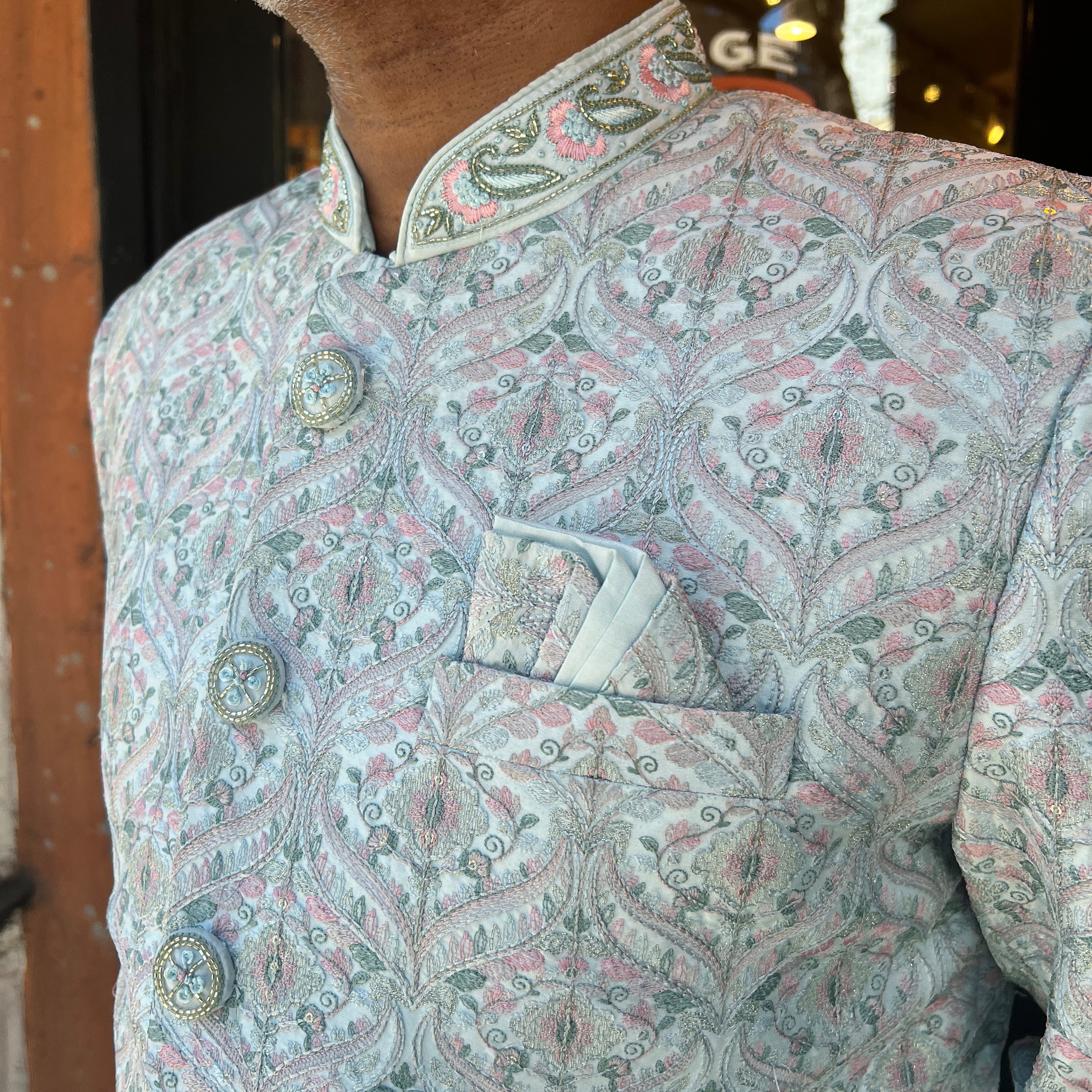 Pale Blue Embroidered Sherwani - Vintage India NYC