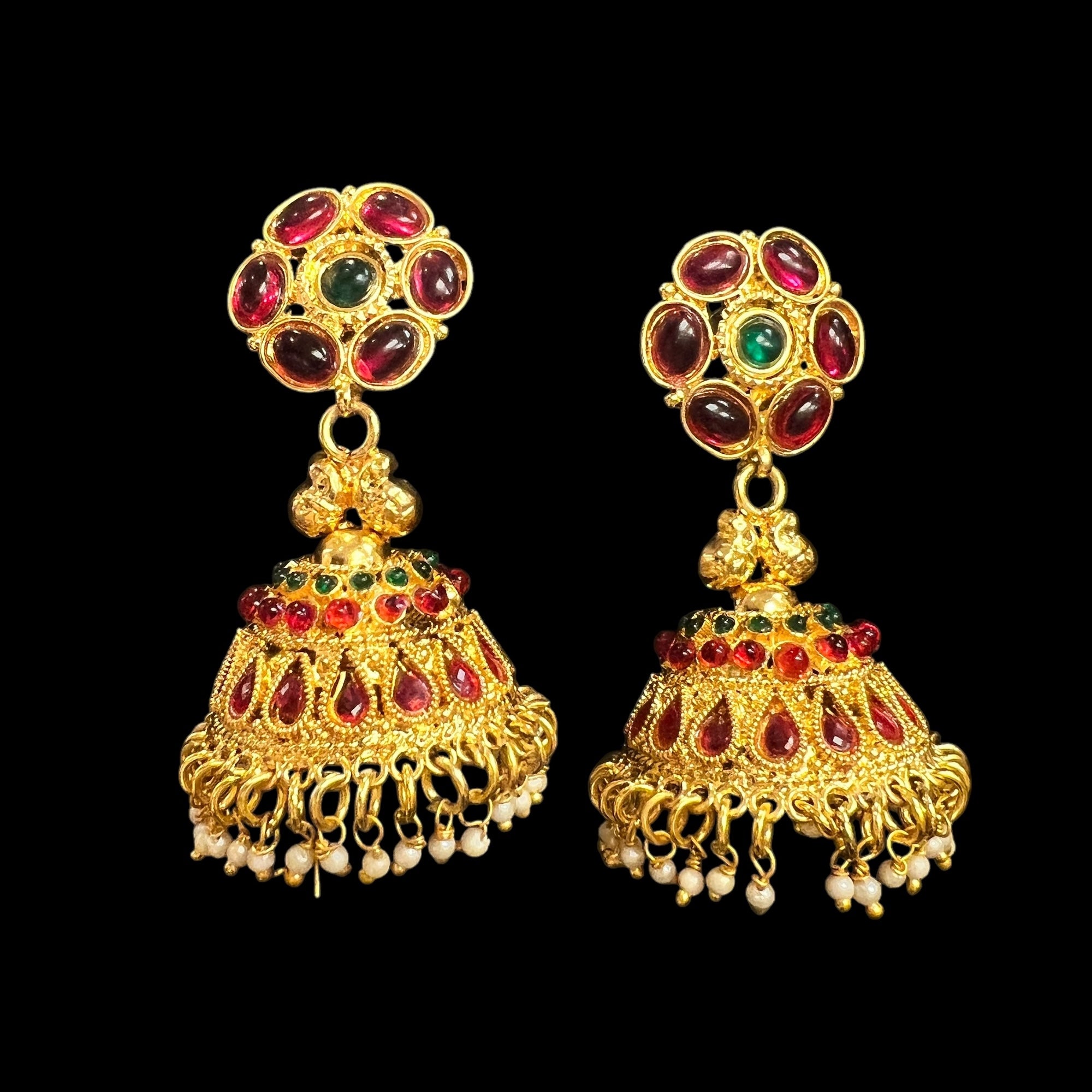 Pink & Green Large Jhumka Earrings - Vintage India NYC