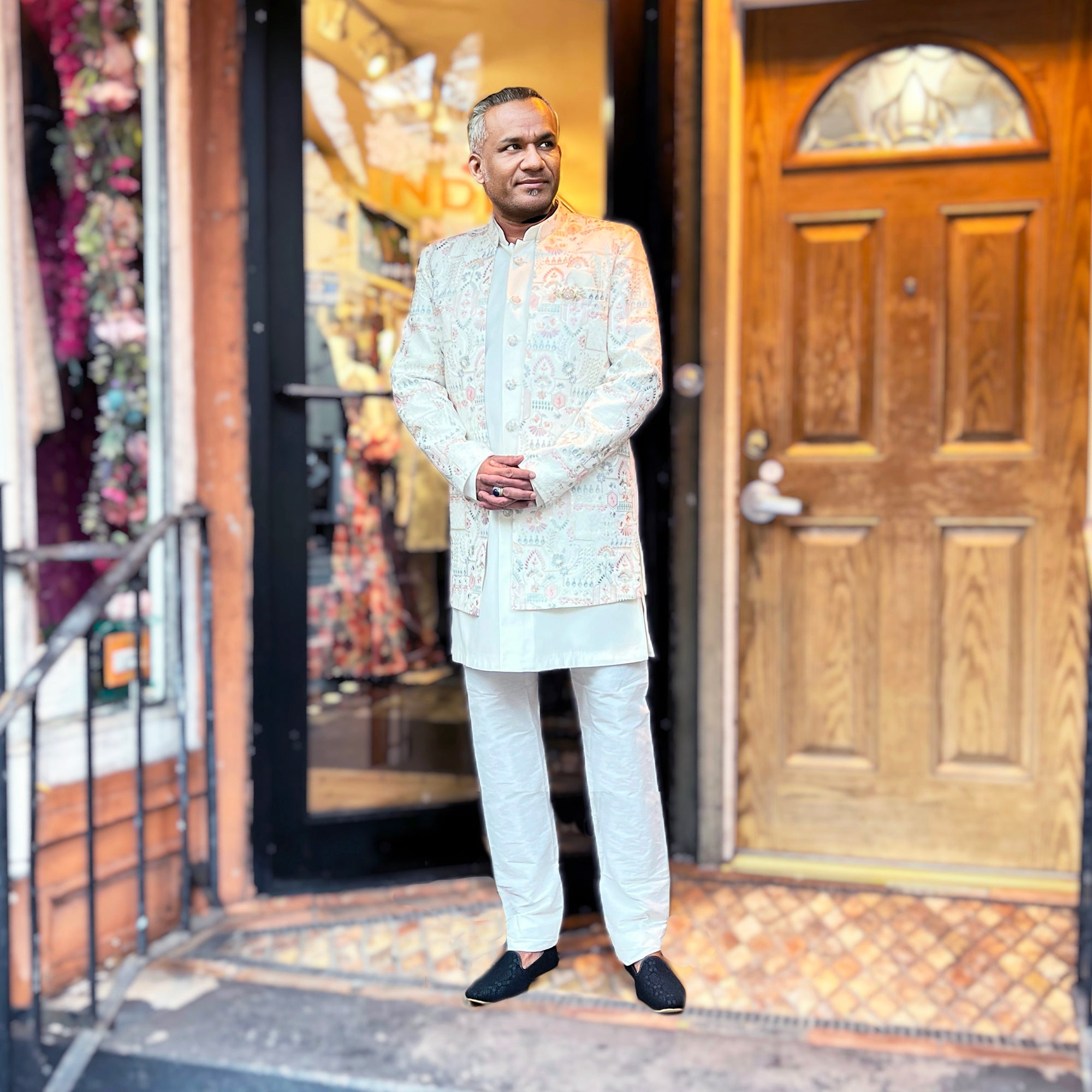 Ivory Pink Bagh Double Sherwani - Vintage India NYC