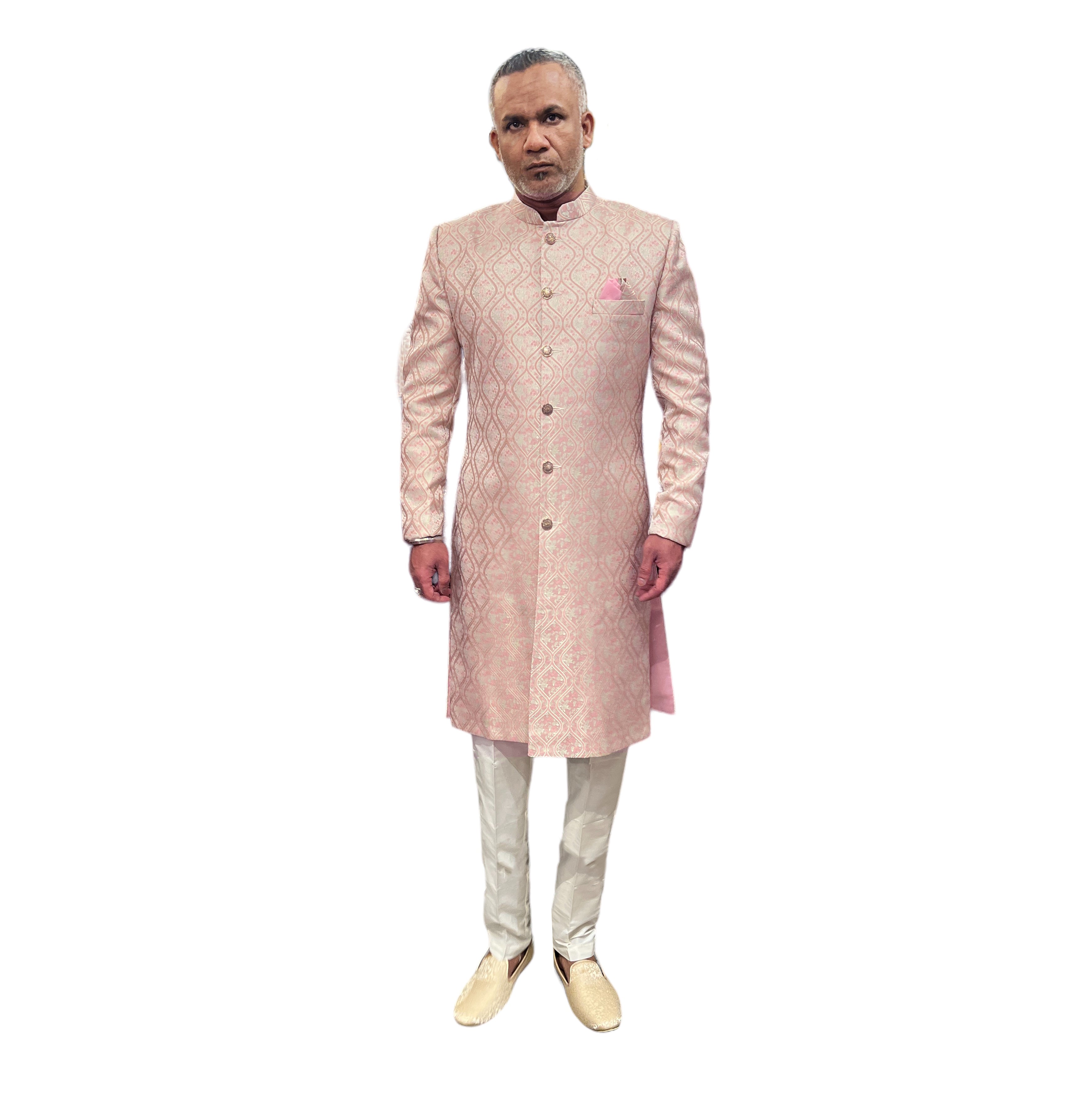 Pink & Mint Ogee Jacquard Sherwani - Vintage India NYC