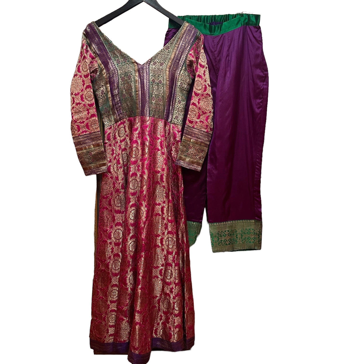 Pink Purple & Green Brocade Anarkali Set - Vintage India NYC