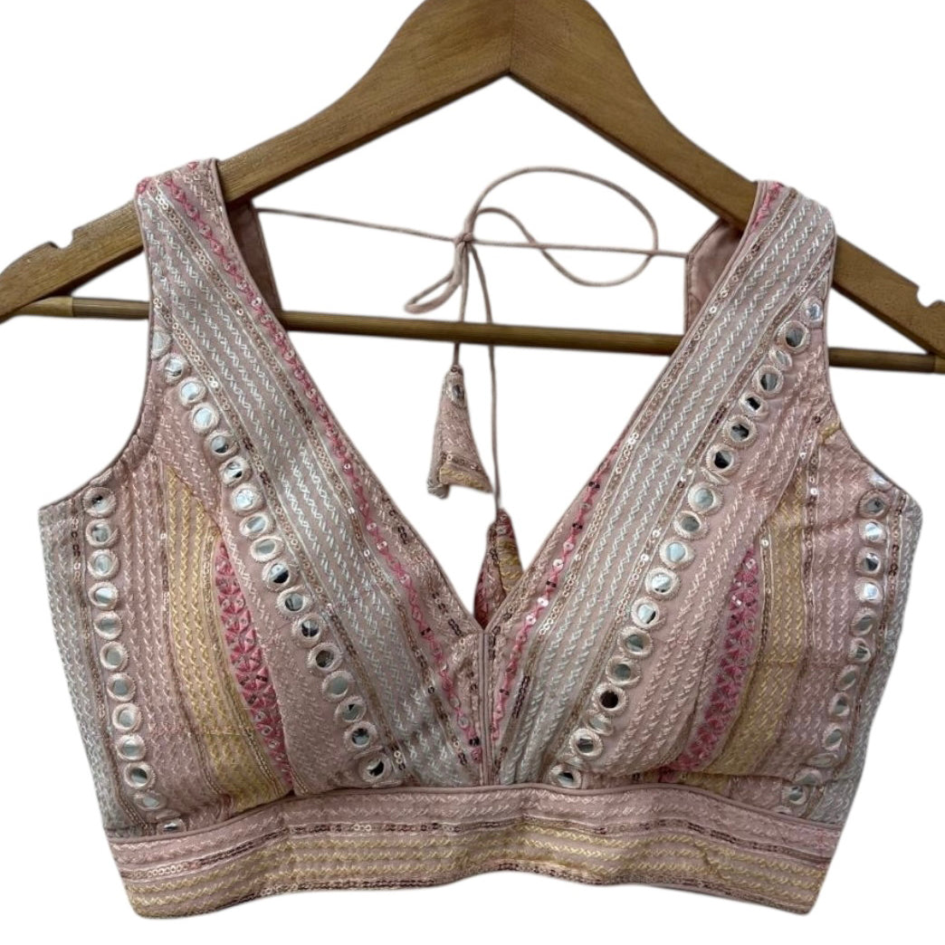 Pink Embroidered V Neck Choli Blouse - Vintage India NYC