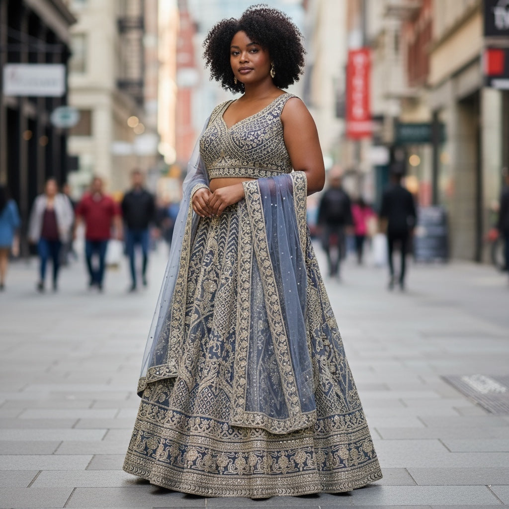 Plus Size Embroidered Mirrored Lehenga Set