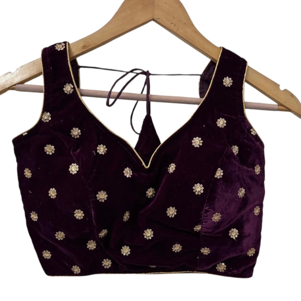 Wine Velvet Flower Choli Blouse - Vintage India NYC