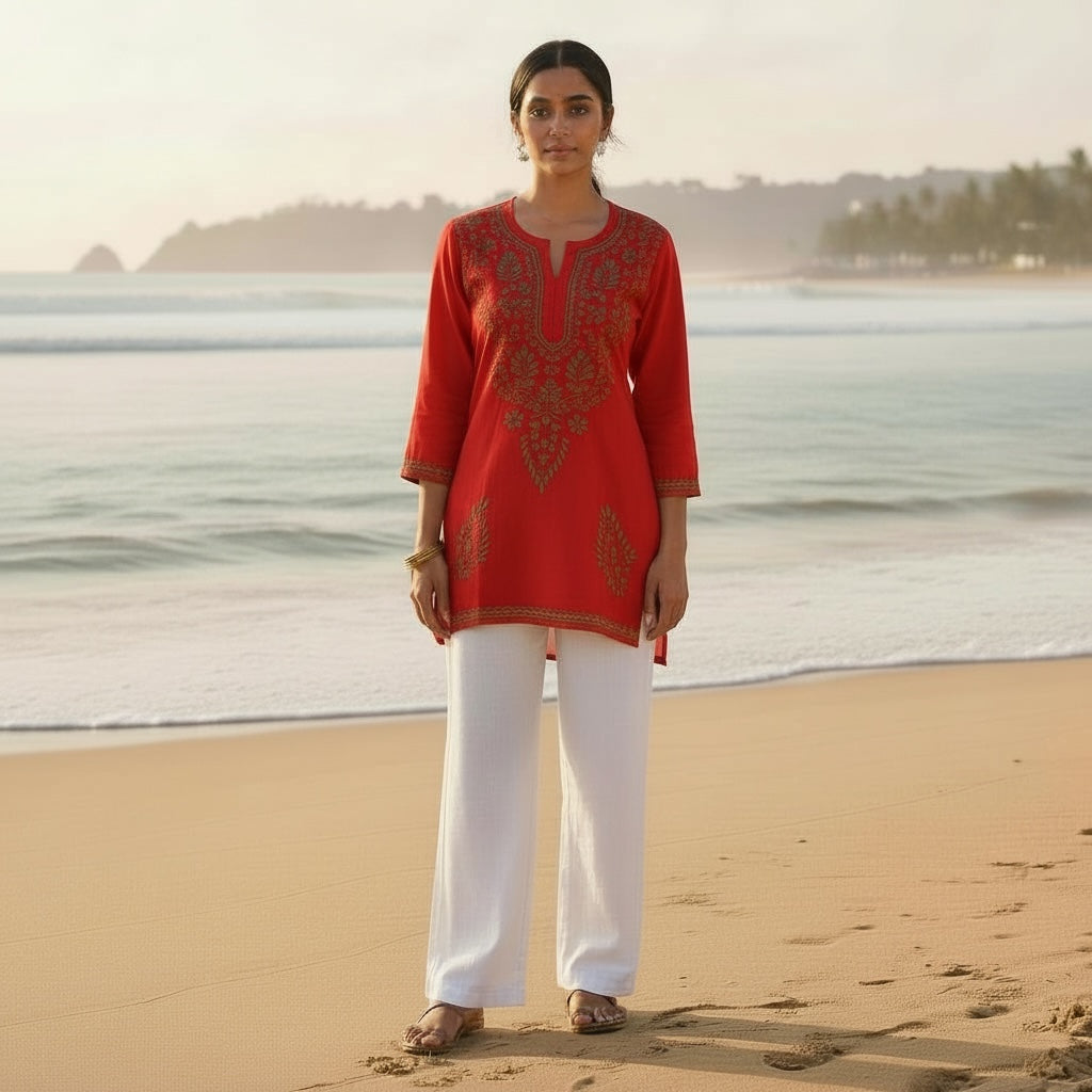 MA Short Embroidered Cotton Kurti-Size 30