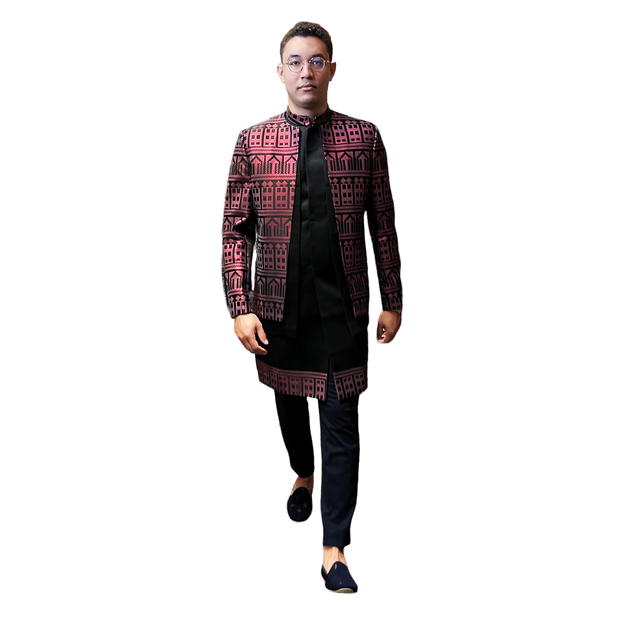 Black & Red Geometric 2 Piece Sherwani - Vintage India NYC