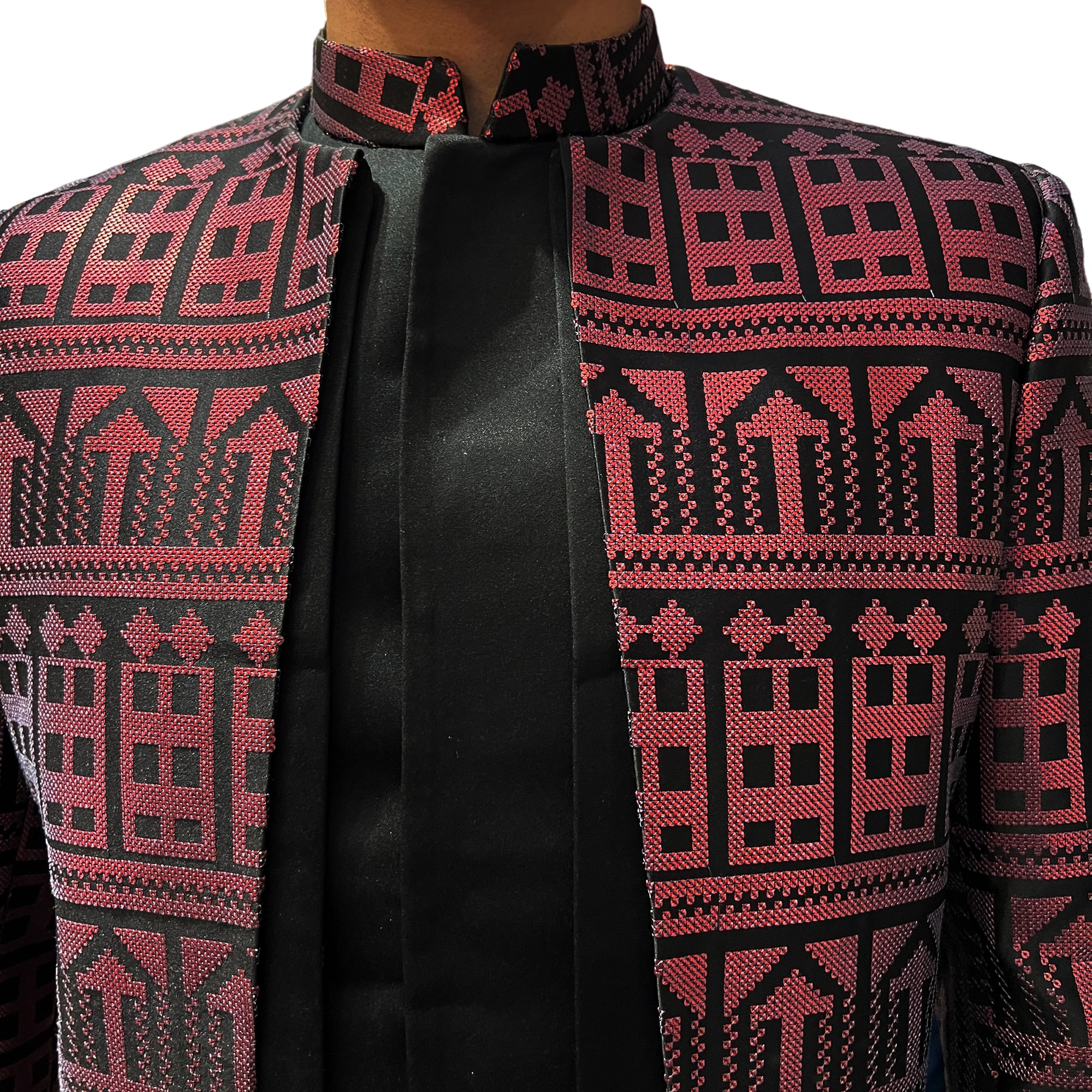 Black & Red Geometric 2 Piece Sherwani - Vintage India NYC