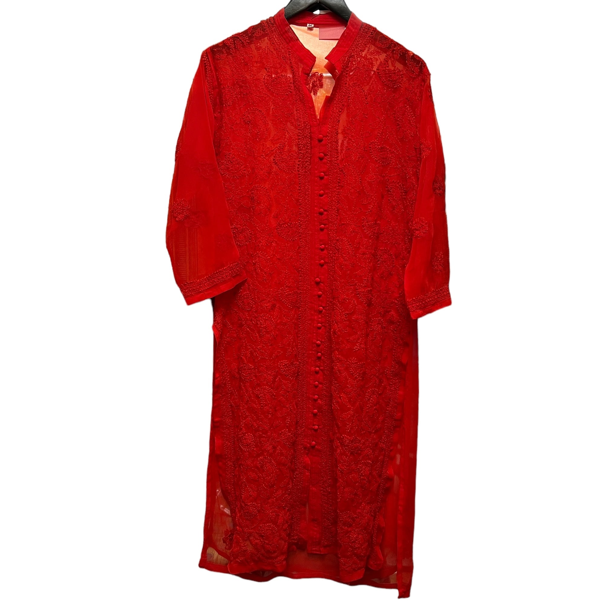 Red Georgette Embroidered Kurta-Size 42 - Vintage India NYC