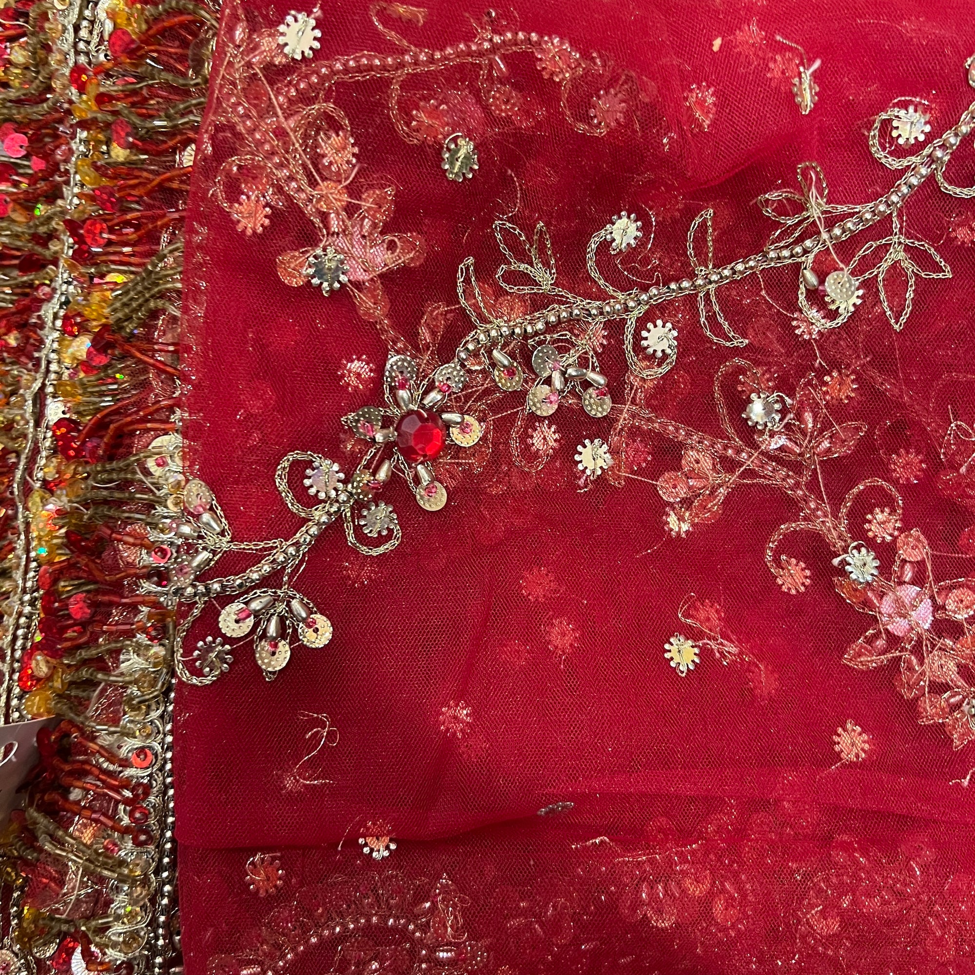 Red Heavy Work Net Dupatta - Vintage India NYC