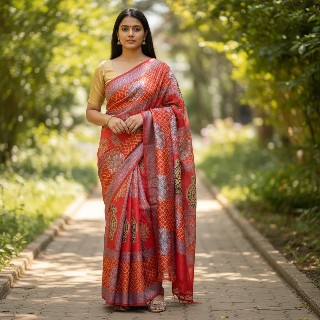 Red & Orange Multiprint Silk Saree - Vintage India NYC