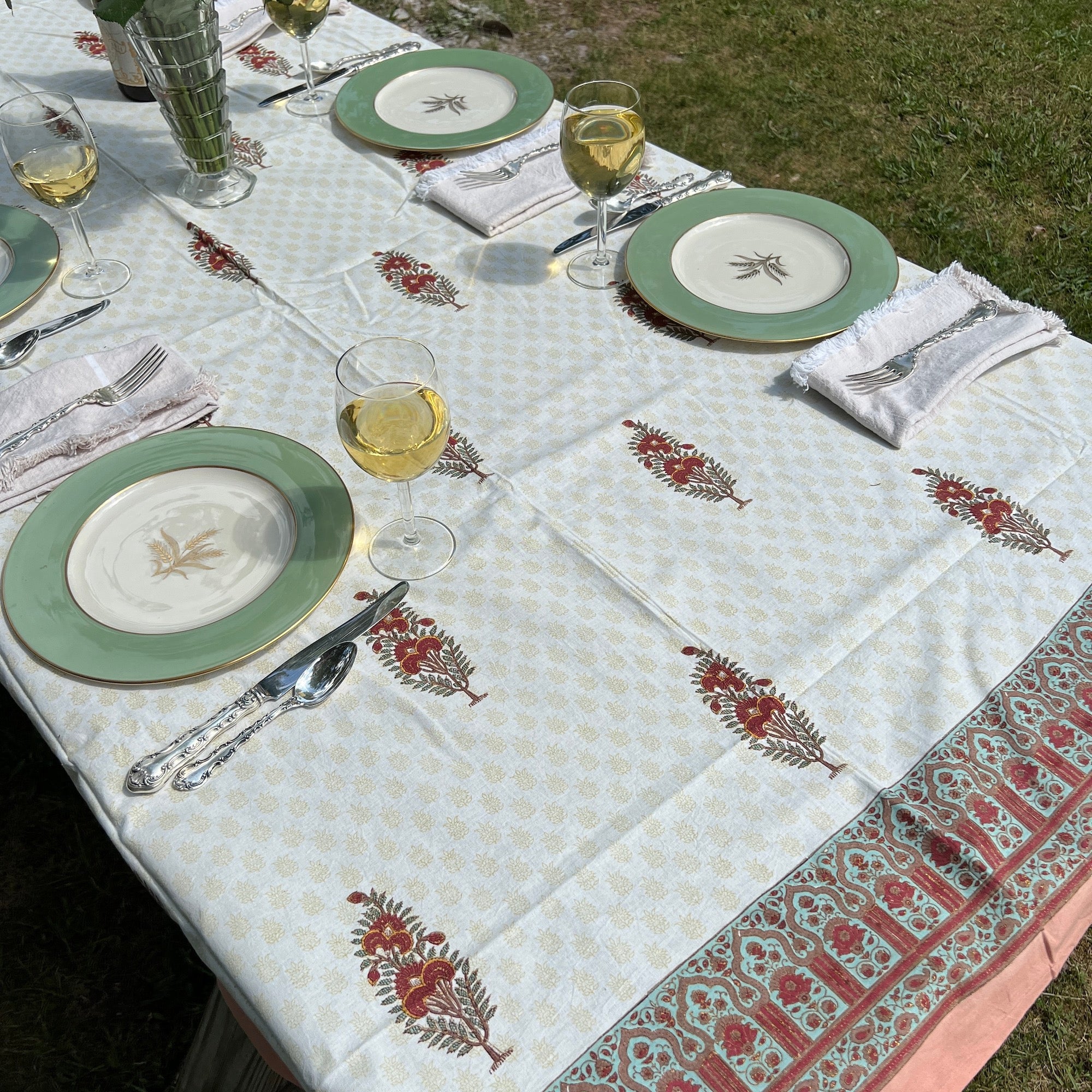 Red Flower Block Print Tablecloth 60 X 90 - Vintage India NYC
