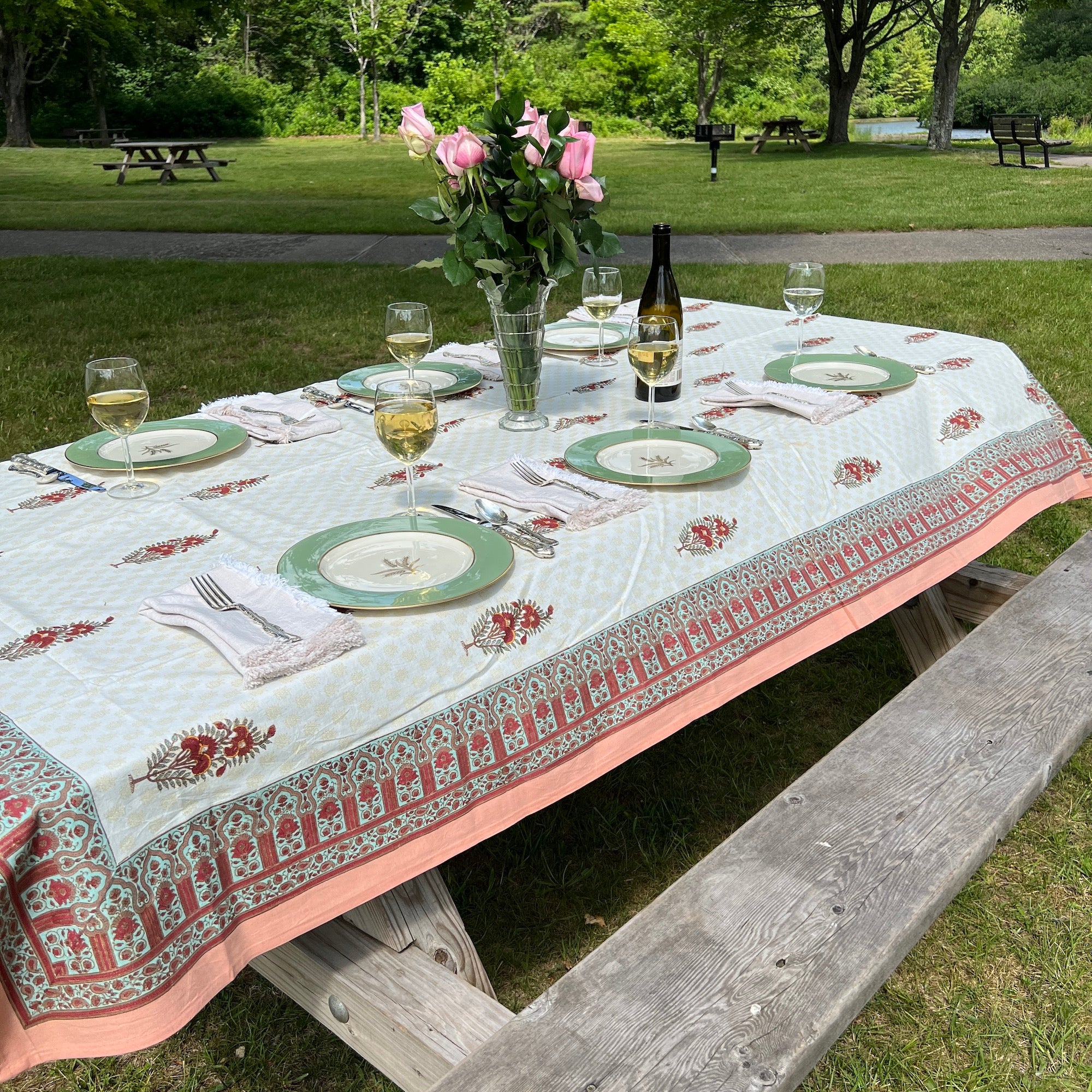 Red Flower Block Print Tablecloth 60 X 90 - Vintage India NYC