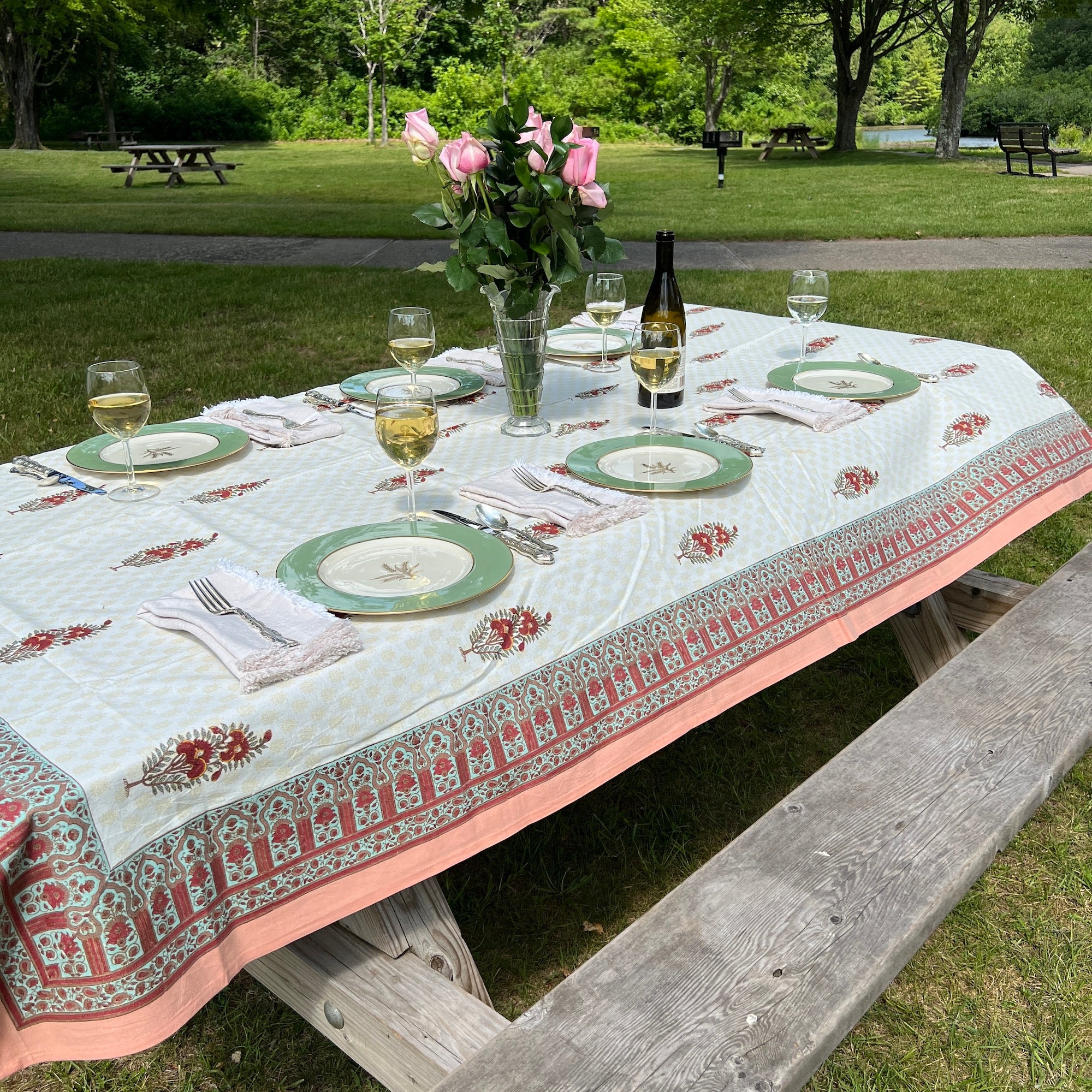 Red Flower Block Print Tablecloth 60 X 90 - Vintage India NYC
