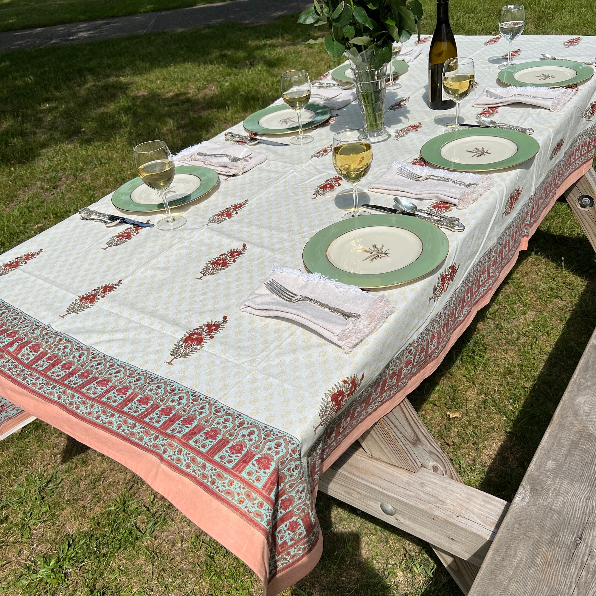 Red Flower Block Print Tablecloth 60 X 90 - Vintage India NYC