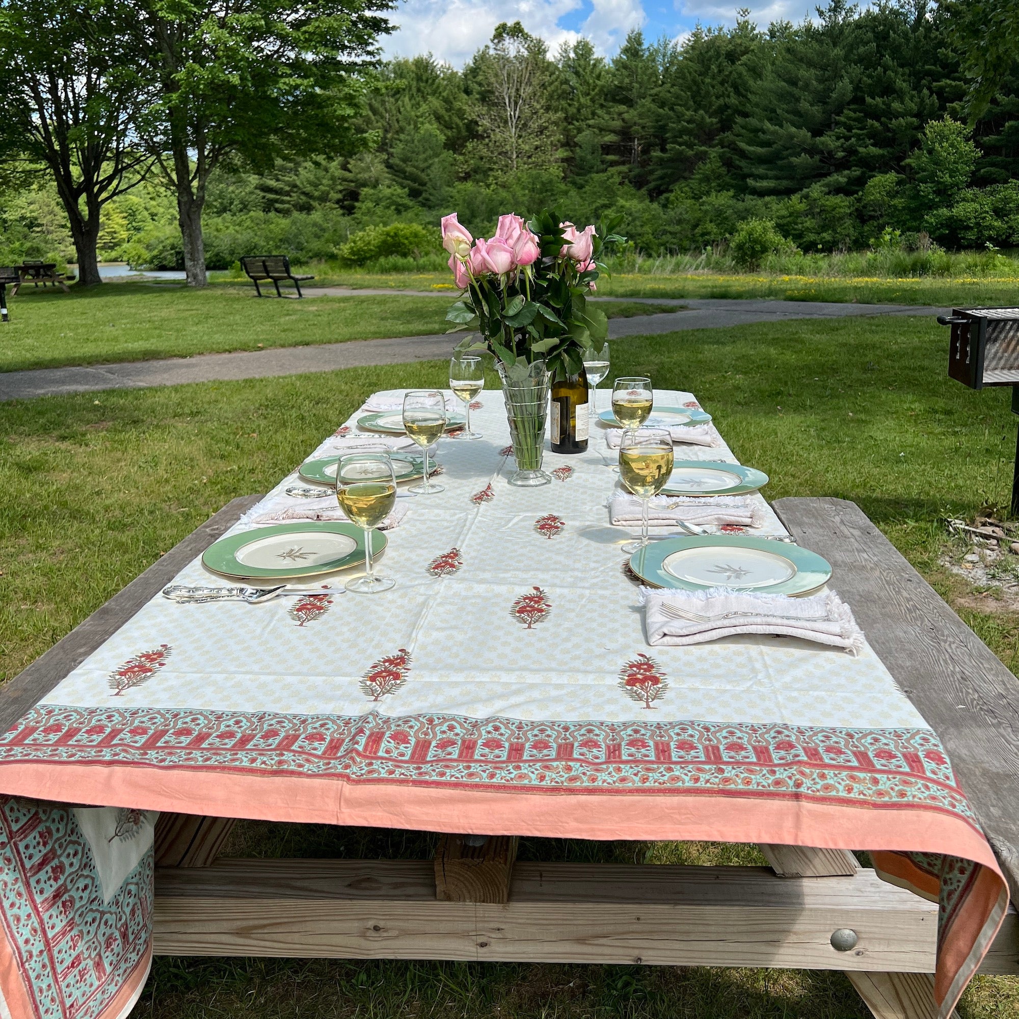 Red Flower Block Print Tablecloth 60 X 90 - Vintage India NYC